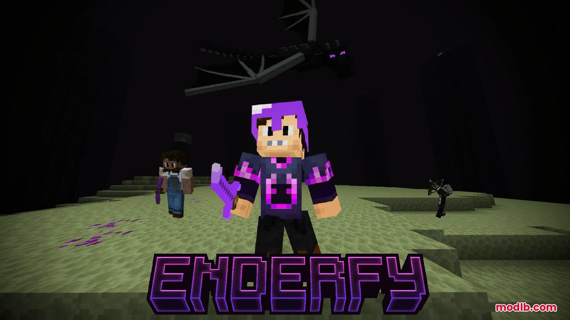 Enderfy Mod Screenshot 1 A character in purple armor standing in the End with the Enderfy logo
