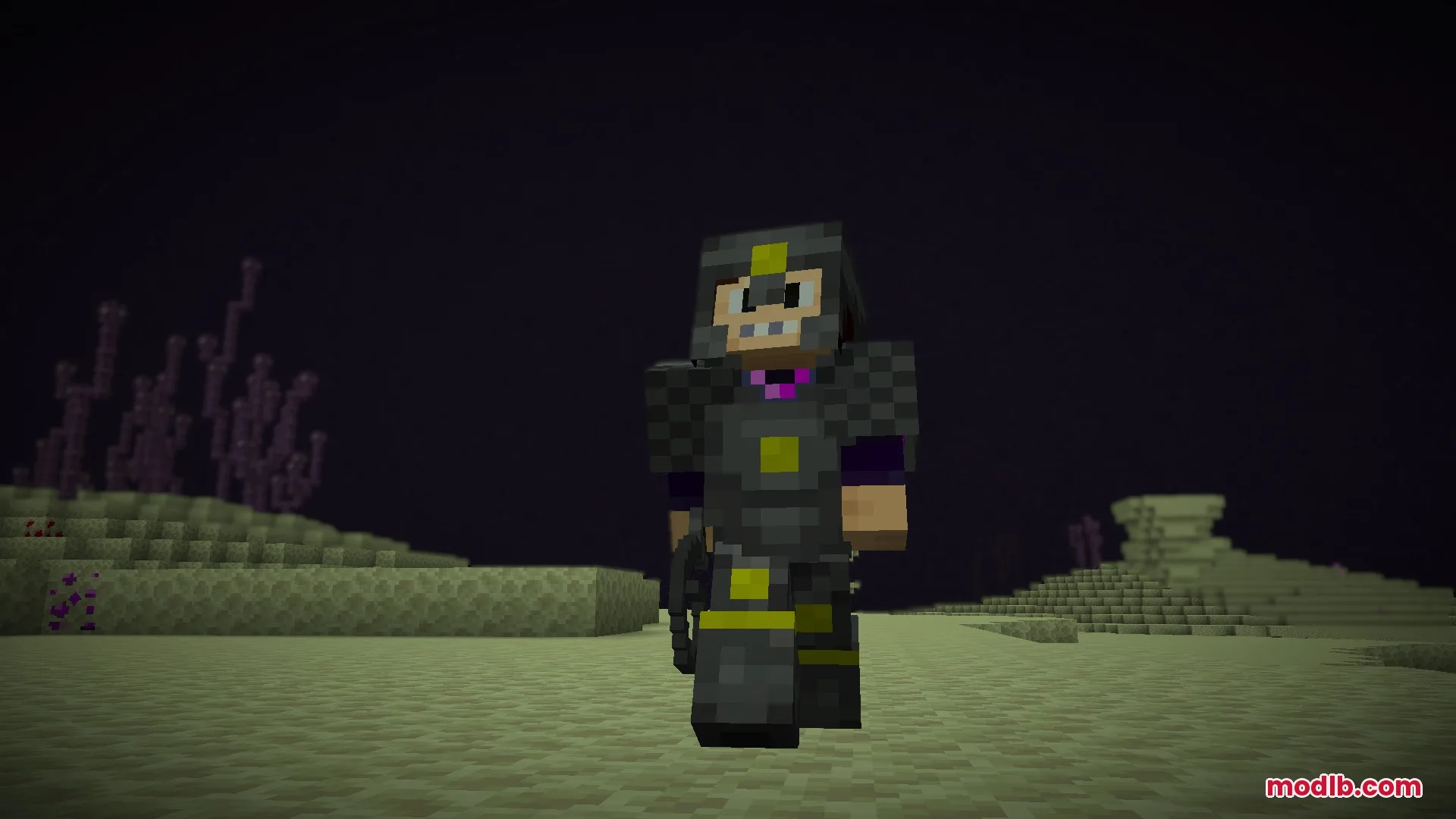 Enderfy Mod Screenshot 4 A Minecraft character wearing a full set of dark enderite armor