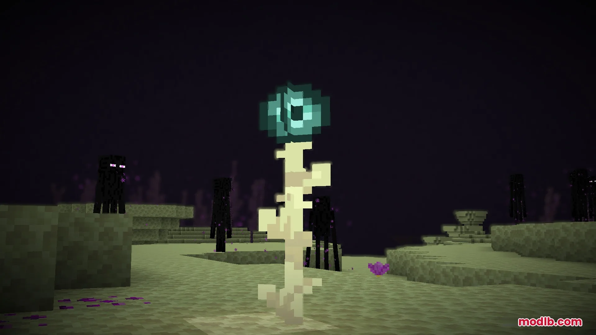 Enderfy Mod Screenshot 6 An ender pearl sits on a plant stem surrounded by dark Endermen