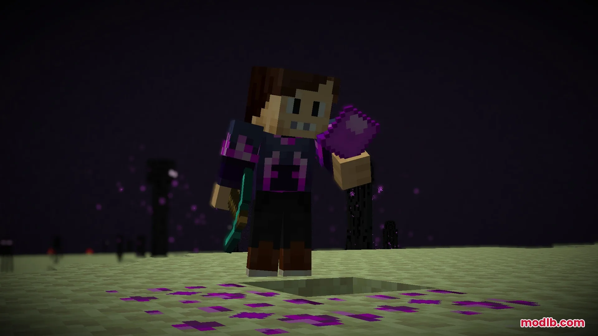 Enderfy Mod Screenshot 3 A player holds a purple pearl piece while exploring the End dimension