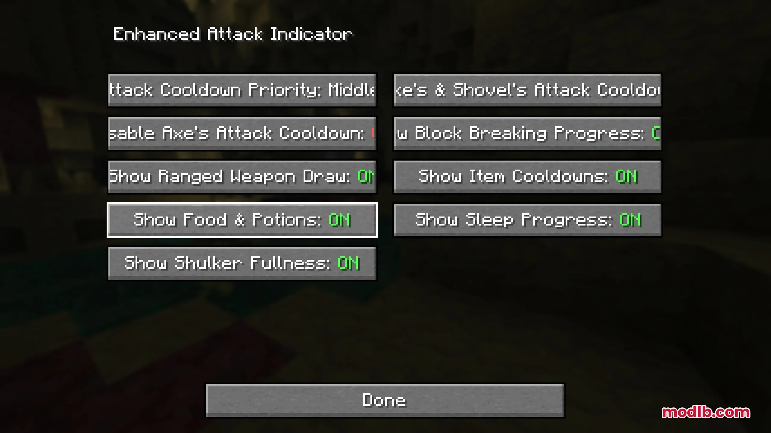 Configuration menu for Enhanced Attack Indicator showing various toggleable display settings