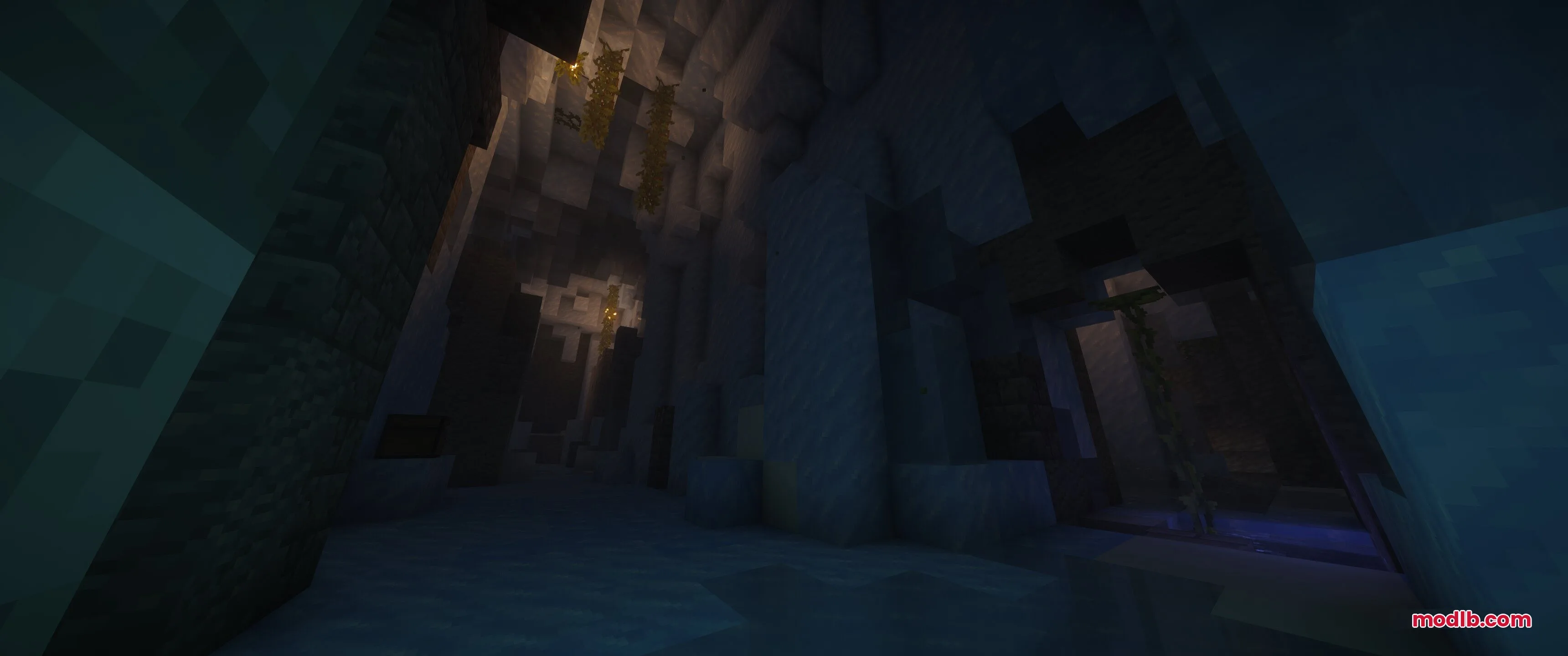 Epic Structures Dungeons Data Pack Screenshot 8 Dark icy dungeon cavern with snow blocks and hanging vines inside