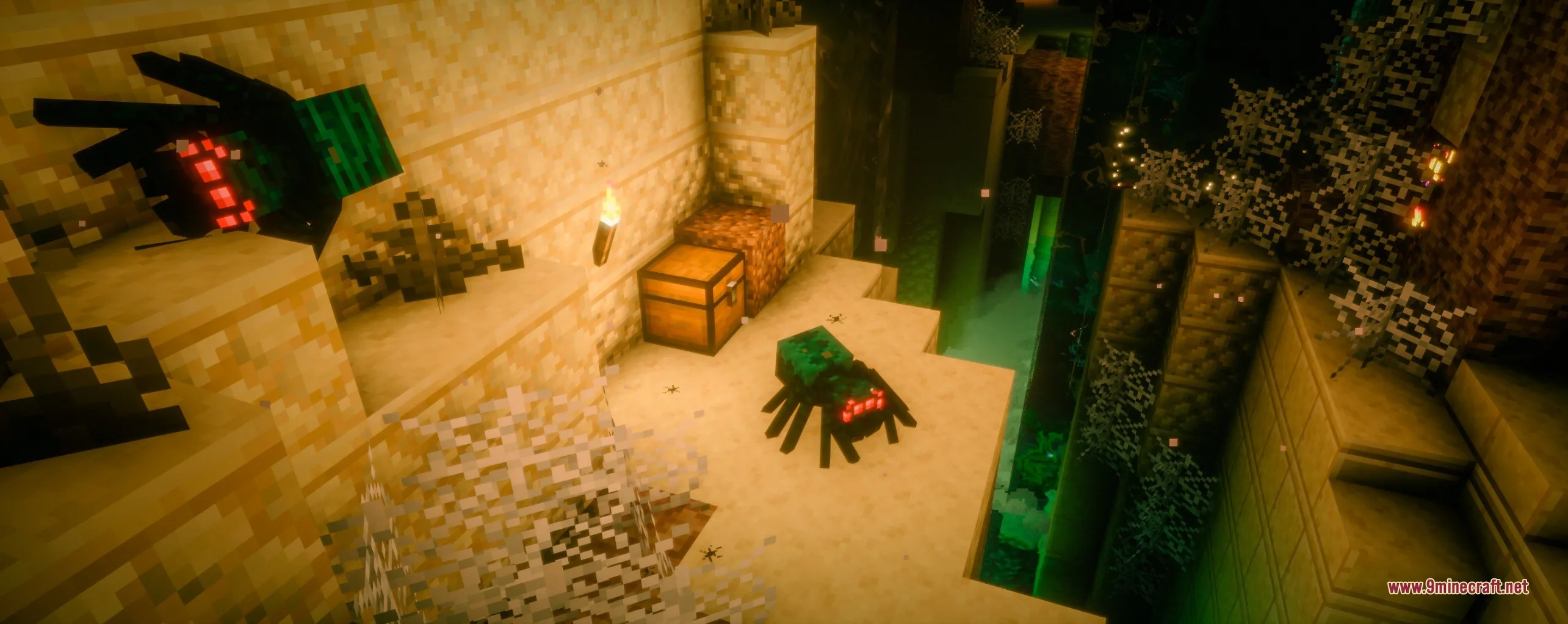 Epic Structures Dungeons Data Pack Screenshot 5 Hostile spiders guard a loot chest inside a dark sandstone desert dungeon