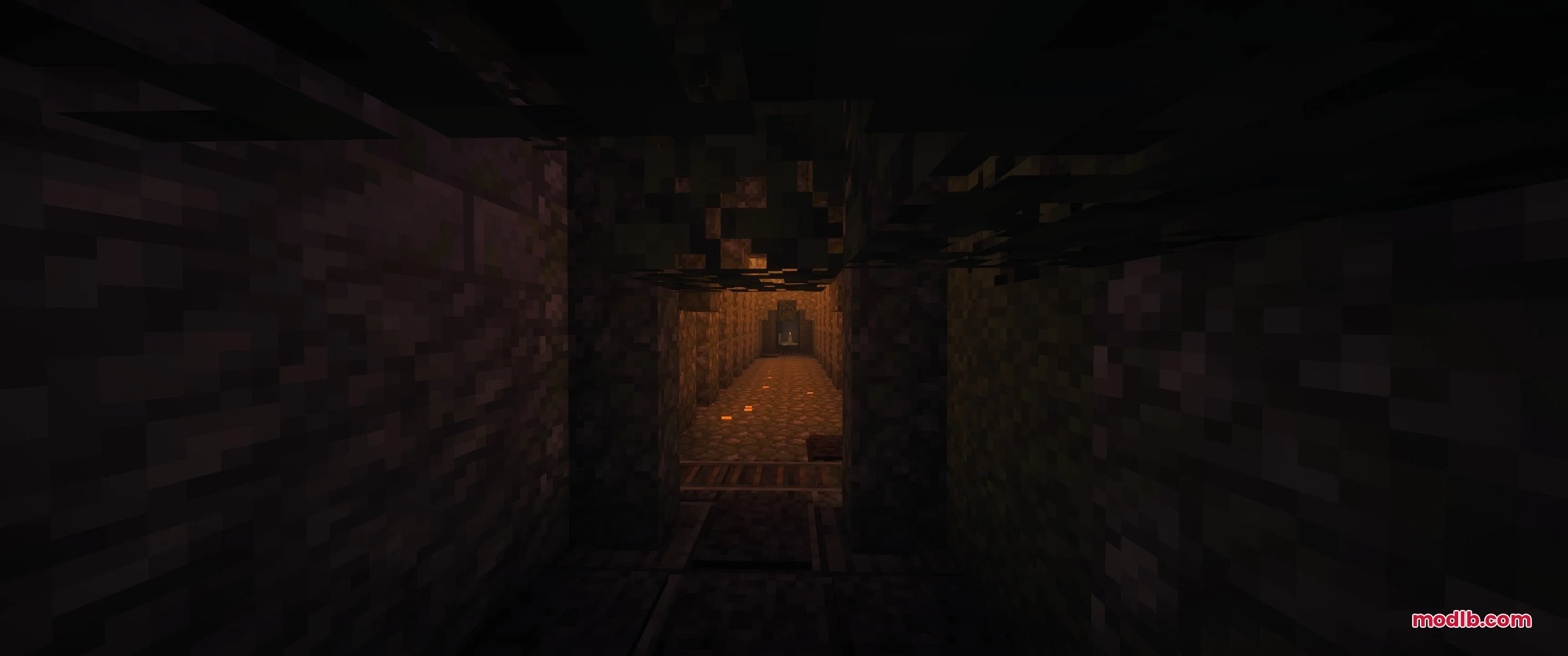 Epic Structures Dungeons Data Pack Screenshot 9 Dark stone hallway leading towards a lit room in an underground dungeon