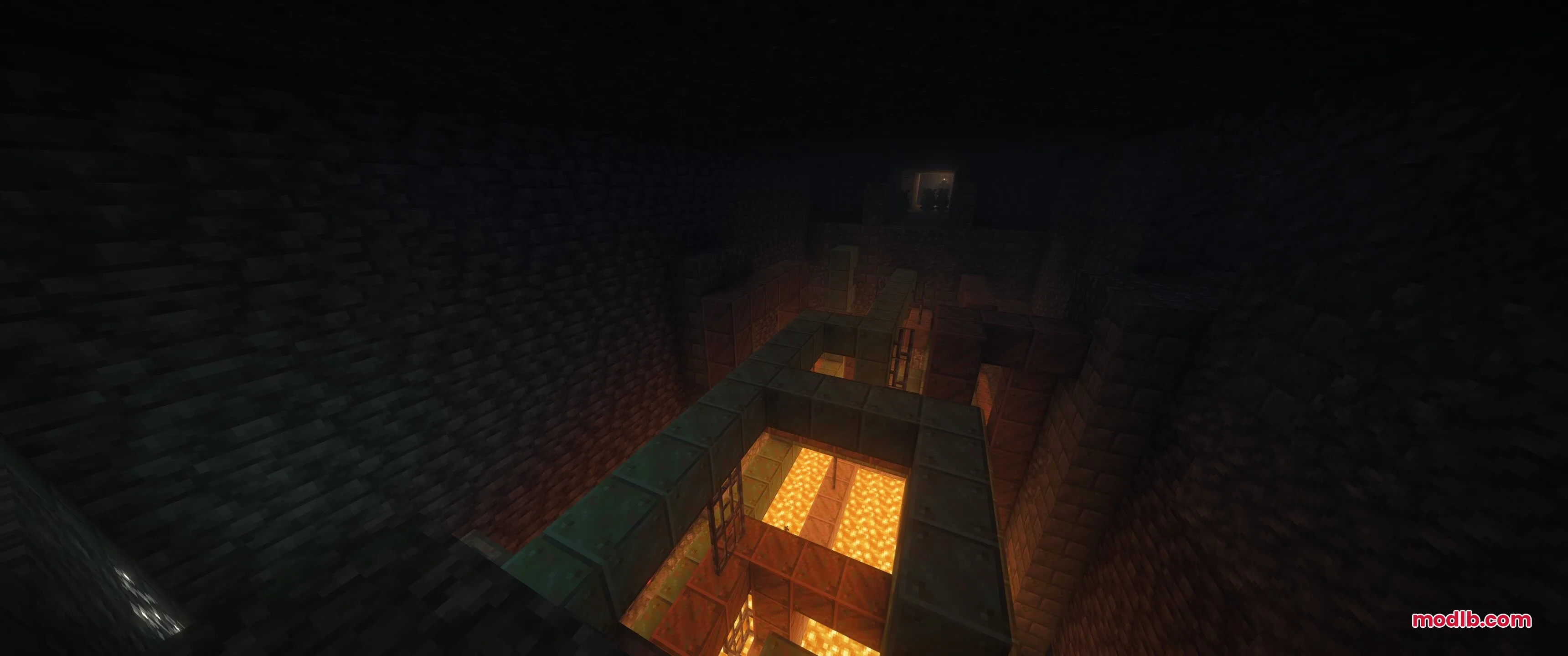 Epic Structures Dungeons Data Pack Screenshot 3 A vast dark dungeon featuring copper pipes and structures above glowing lava