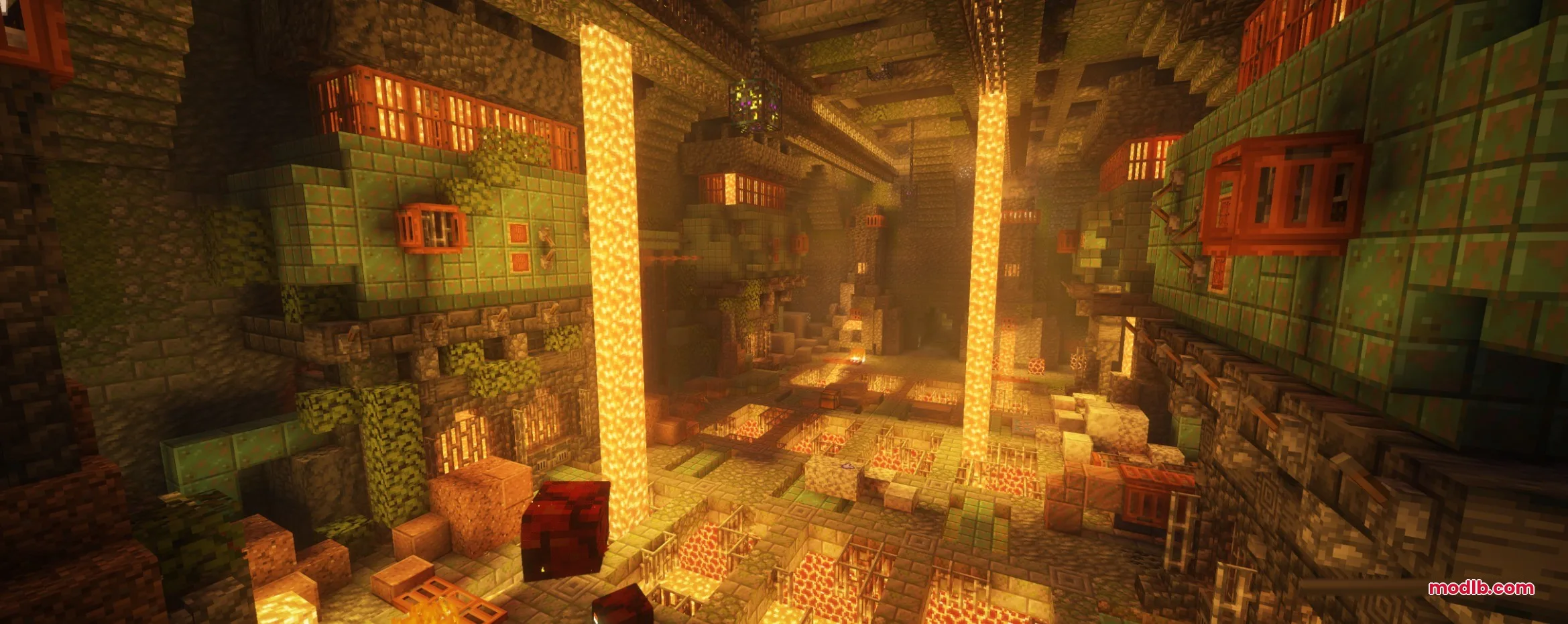 Epic Structures Dungeons Data Pack Screenshot 6 A massive underground chamber with lava pillars and complex dungeon room layouts