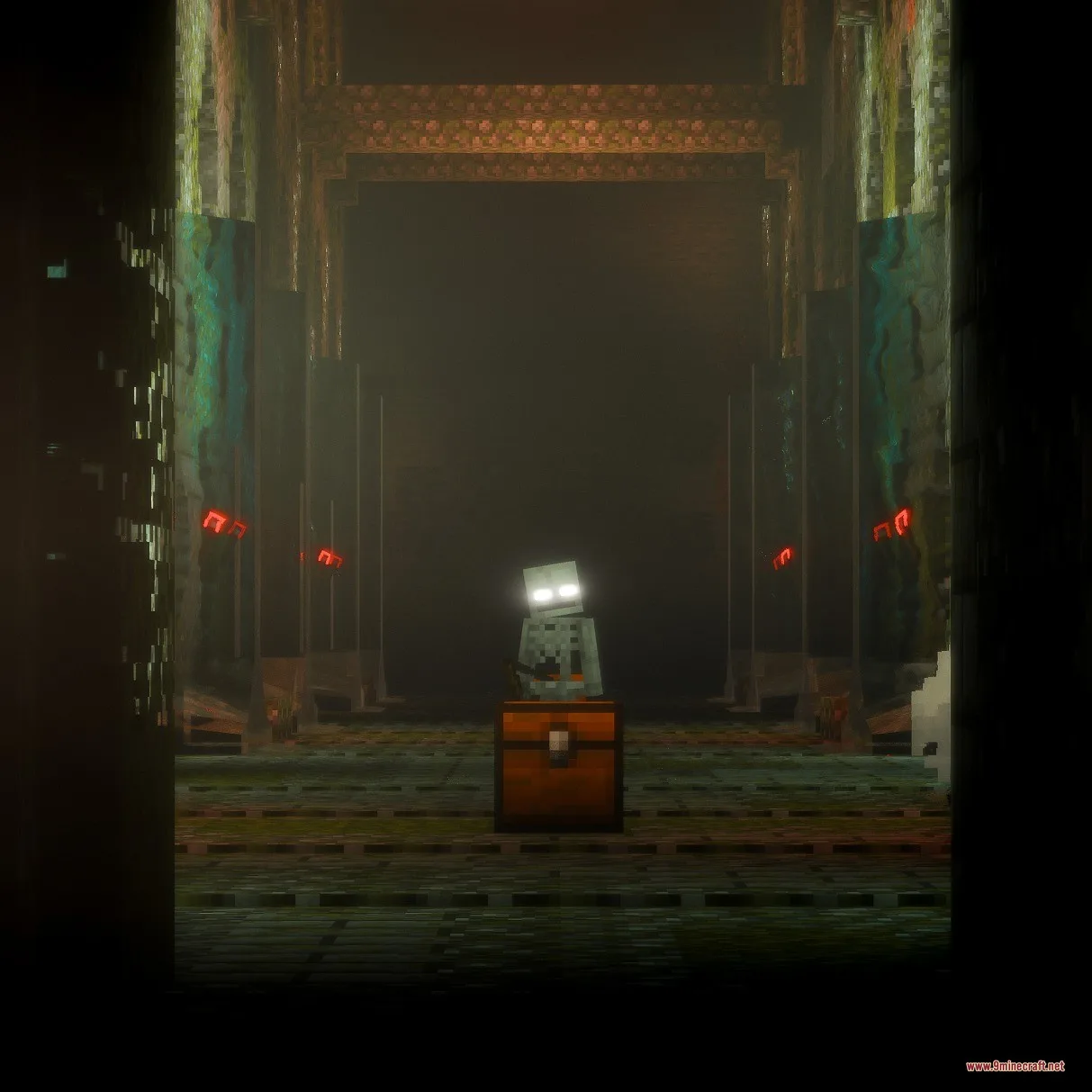 Epic Structures Dungeons Data Pack Screenshot 1 Skeleton with glowing eyes guards a treasure chest in a dark dungeon hallway