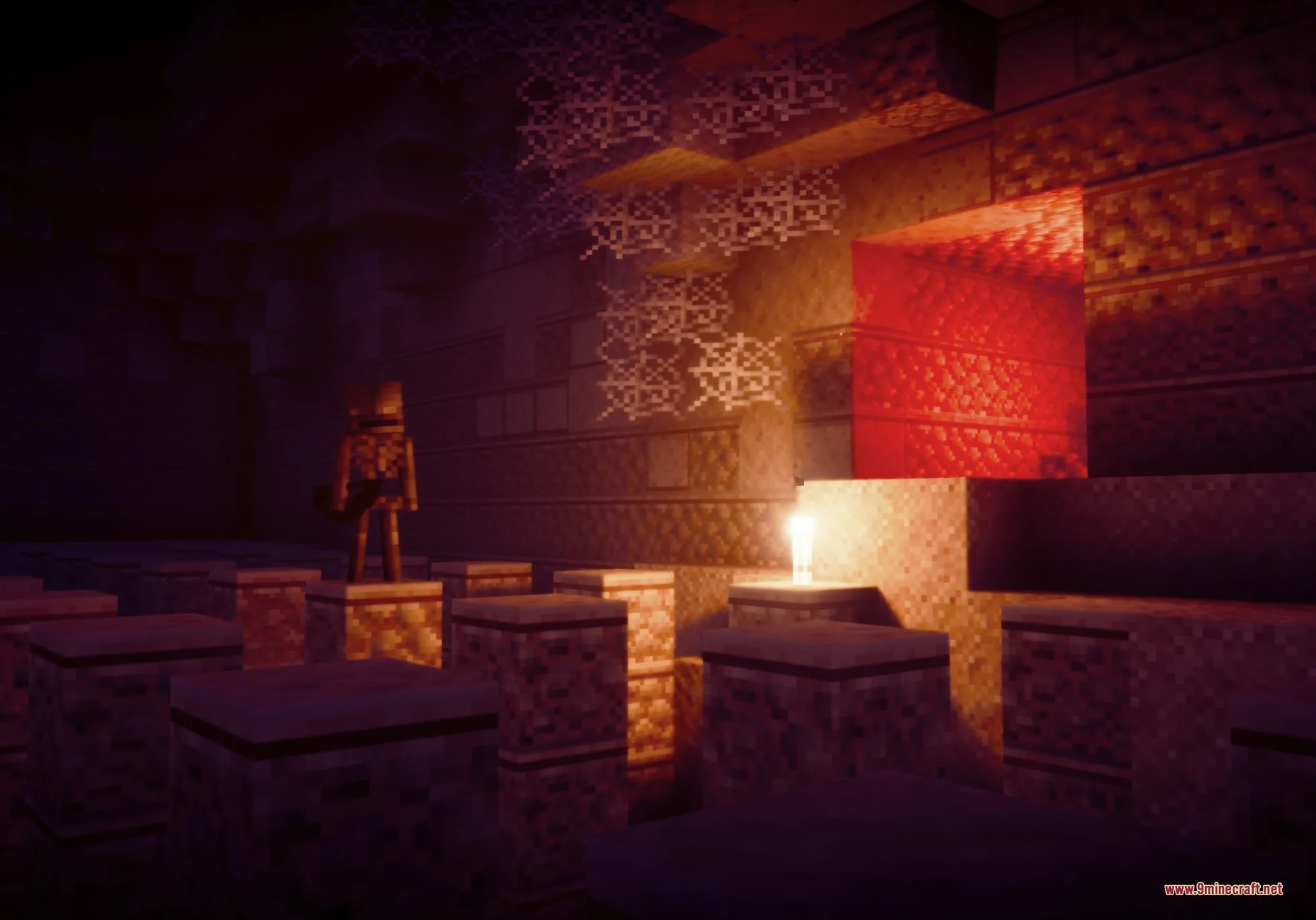 Epic Structures Dungeons Data Pack Screenshot 2 A skeleton stands on a stone pillar inside a large underground dungeon room