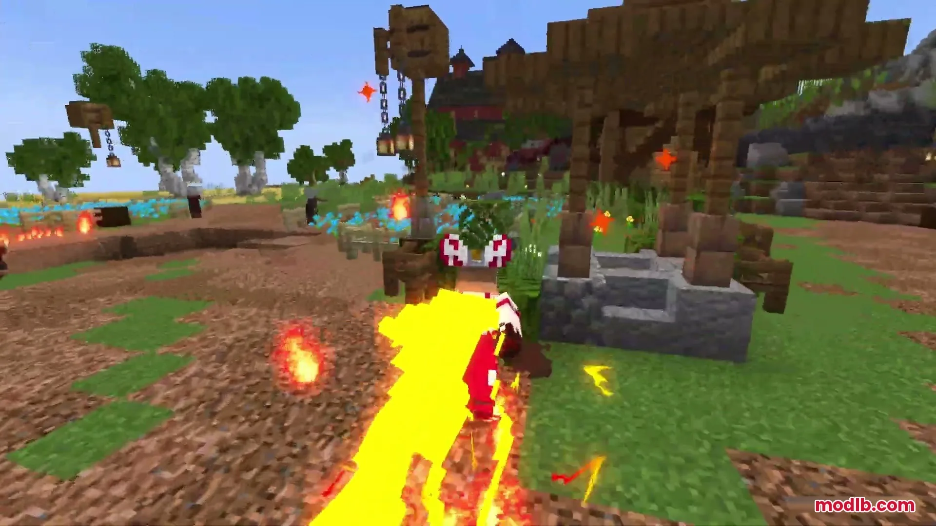 A Minecraft character dashes past a well leaving a trail of bright yellow fire