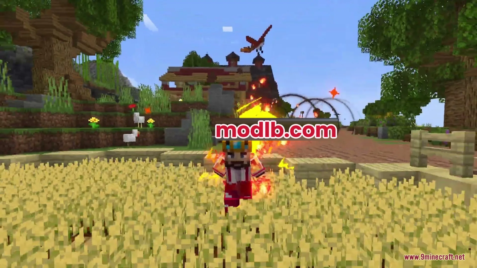A player using the Phoenix innate technique while surrounded by fire and wheat
