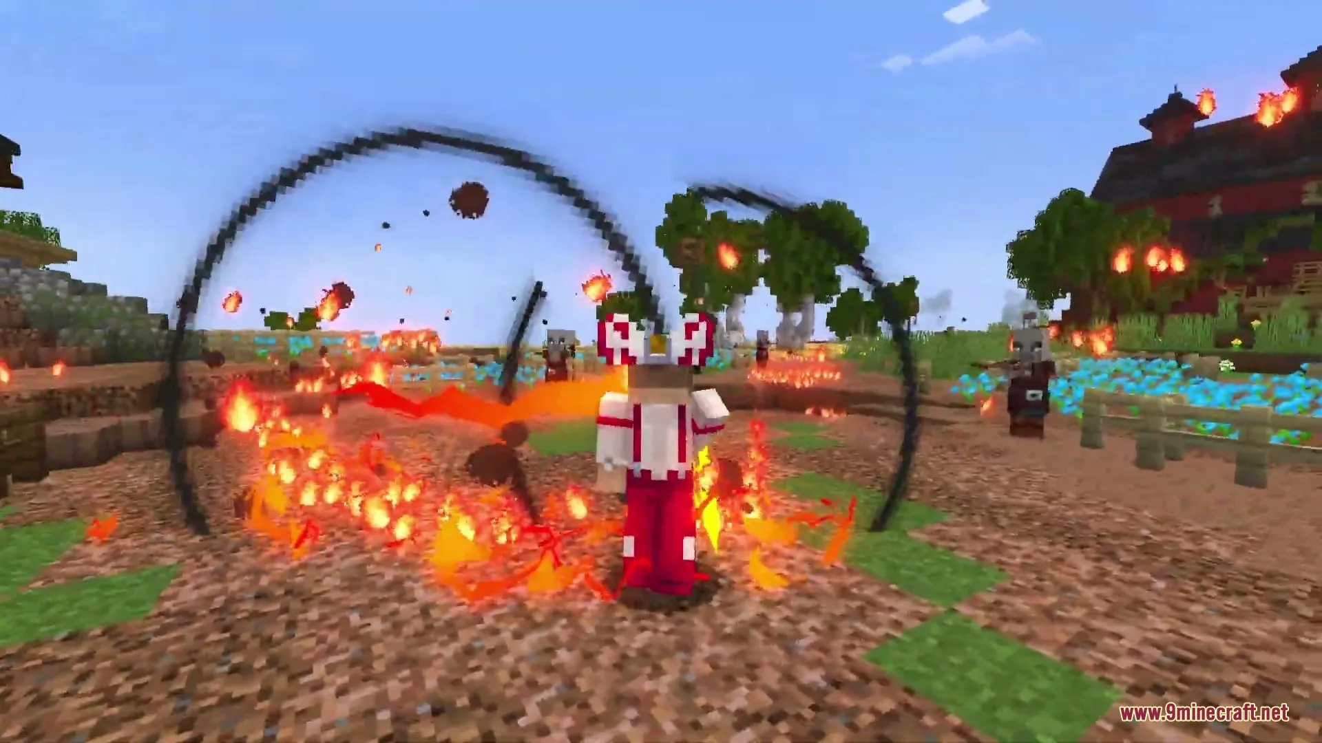 Character uses a circular fire ability to trap and burn surrounding enemy mobs