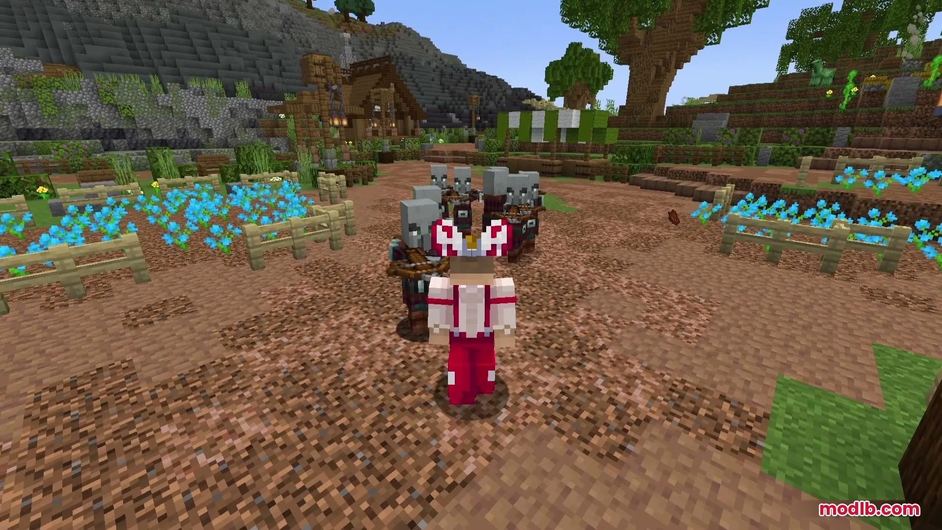 A player wearing custom red and white armor surrounded by several hostile pillagers