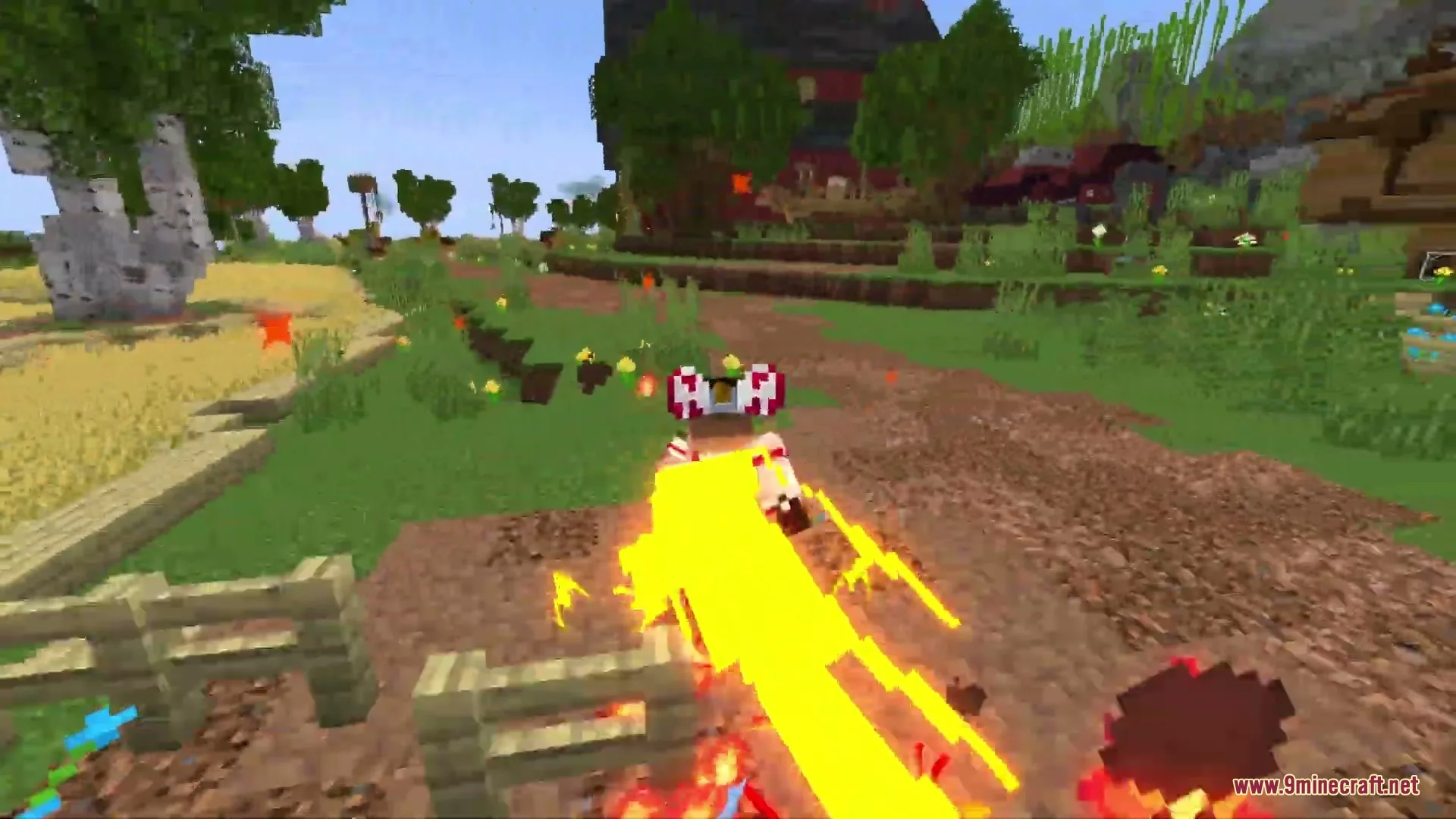 The player uses a fire dash to move quickly along a dirt path