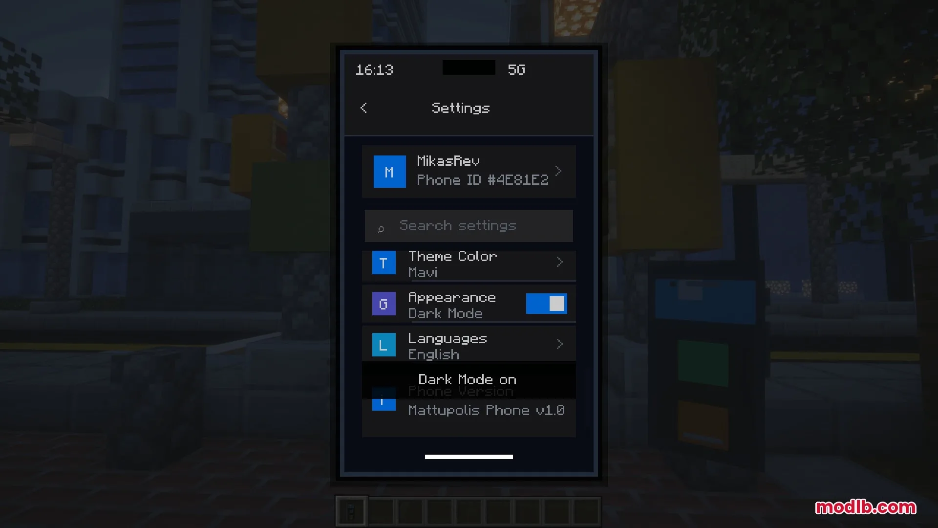 Ether Link Connect Mod Screenshot 1 Minecraft smartphone screen showing system settings and dark mode toggle options