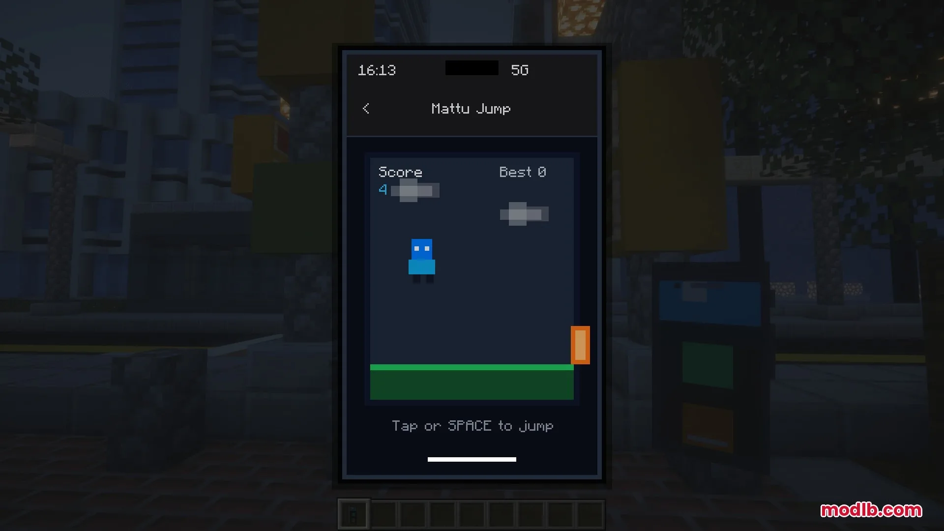 Ether Link Connect Mod Screenshot 2 Playing a jumping mini game on a functional smartphone device in Minecraft