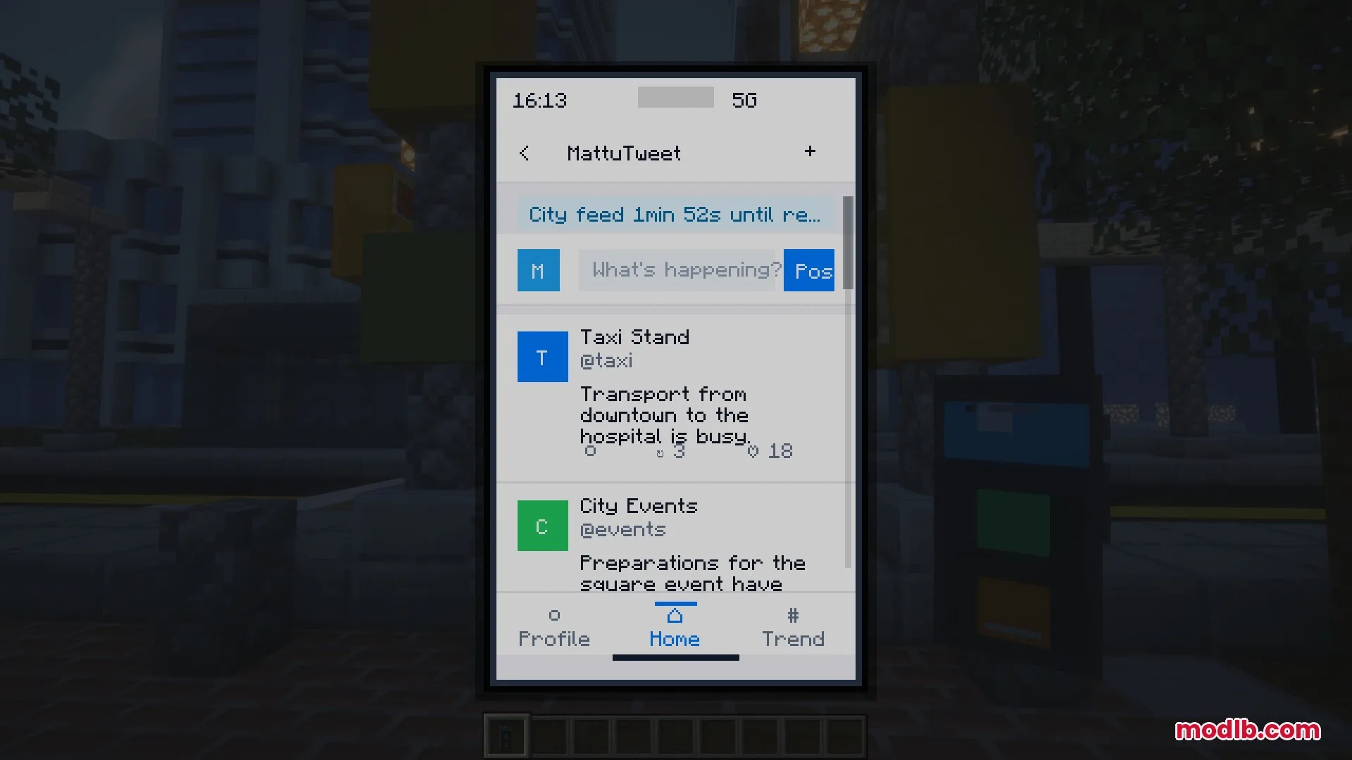 Ether Link Connect Mod Screenshot 6 The MattuTweet social media app interface on a smartphone screen in Minecraft