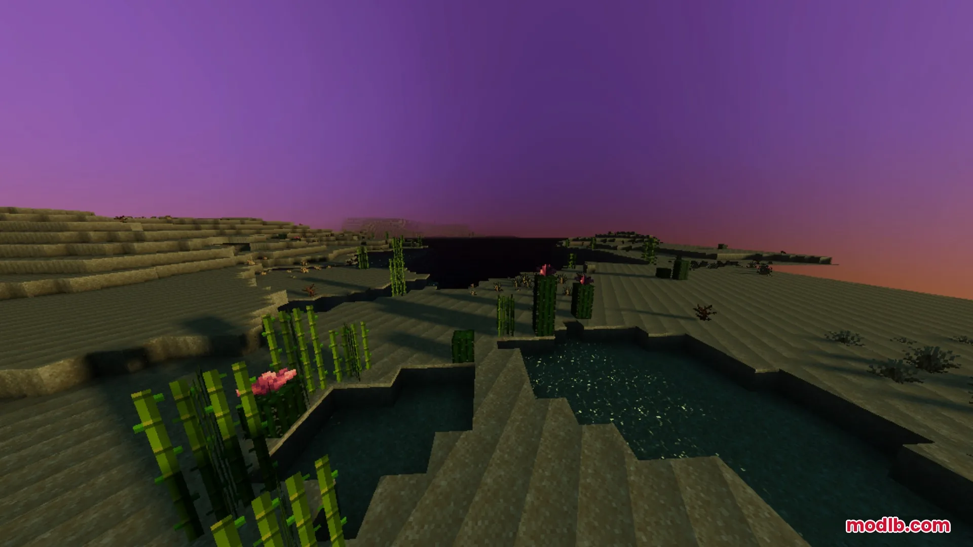 Fantasia Shader Screenshot 9 A desert landscape with bamboo and water under a vibrant purple sky