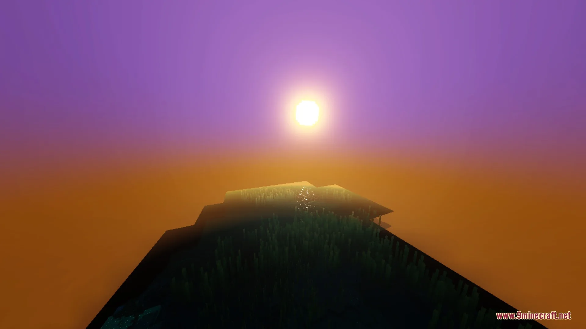 Fantasia Shader Screenshot 2 Beautiful fantasy sunset with purple and orange skies over a small grassy island