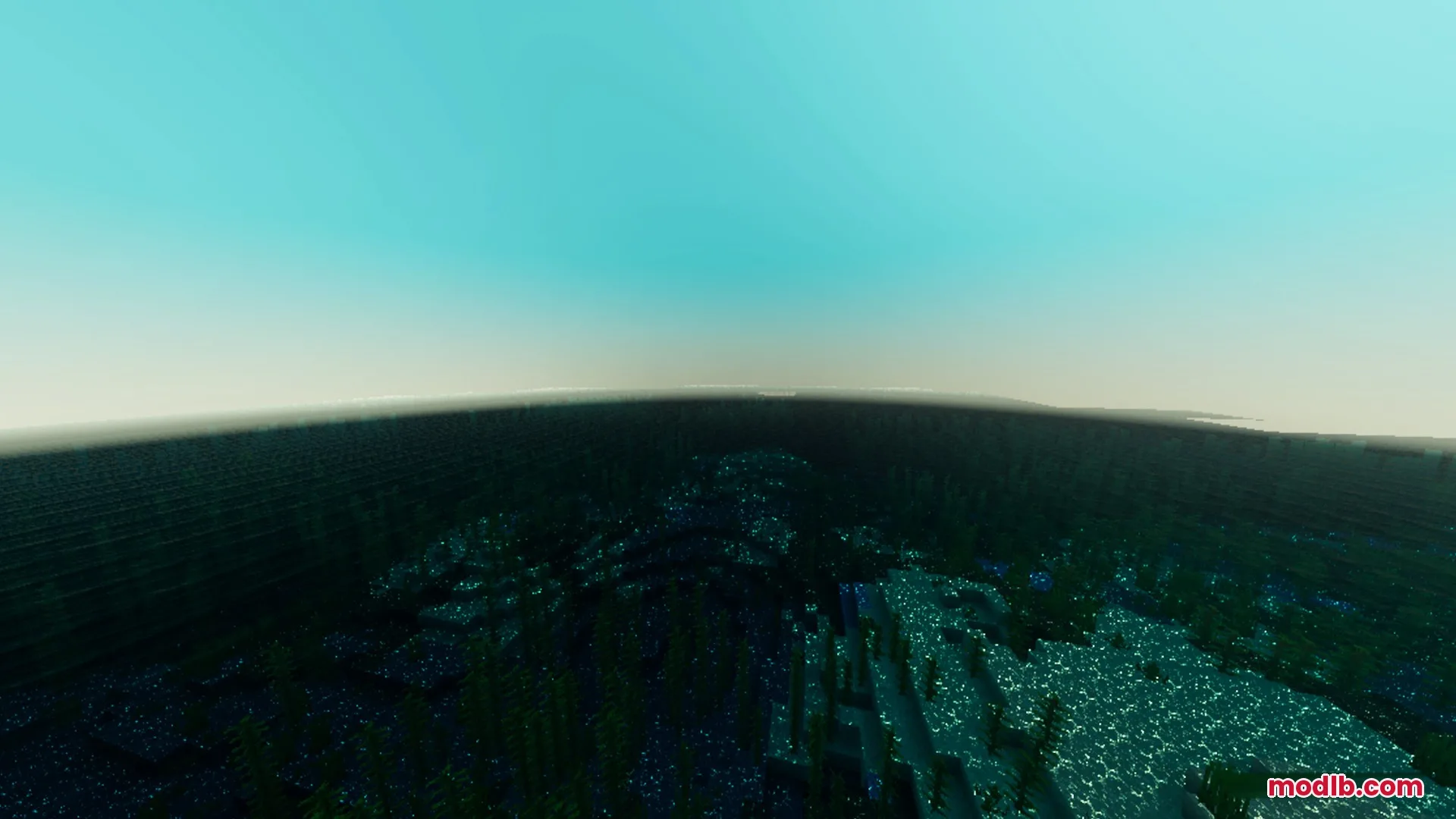 Fantasia Shader Screenshot 4 Vibrant teal sky glows above a lush underwater kelp forest in Minecraft