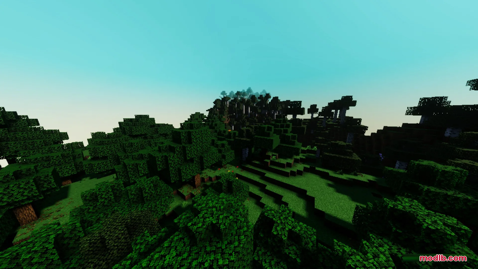 Fantasia Shader Screenshot 7 Vibrant green forest landscape with rolling hills under a bright fantasy sky