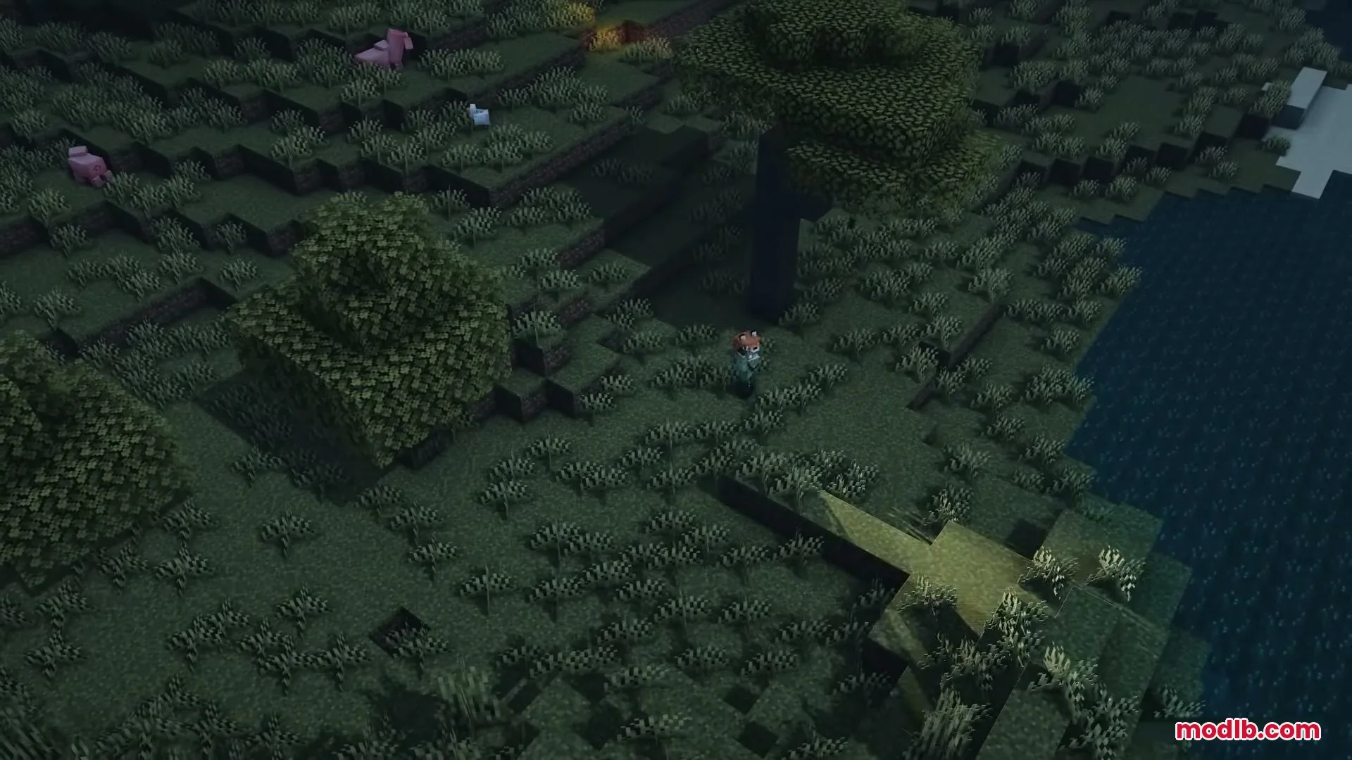 Flashier Flashlights Mod Screenshot 7 A player explores a dark forest at night using a portable flashlight beam