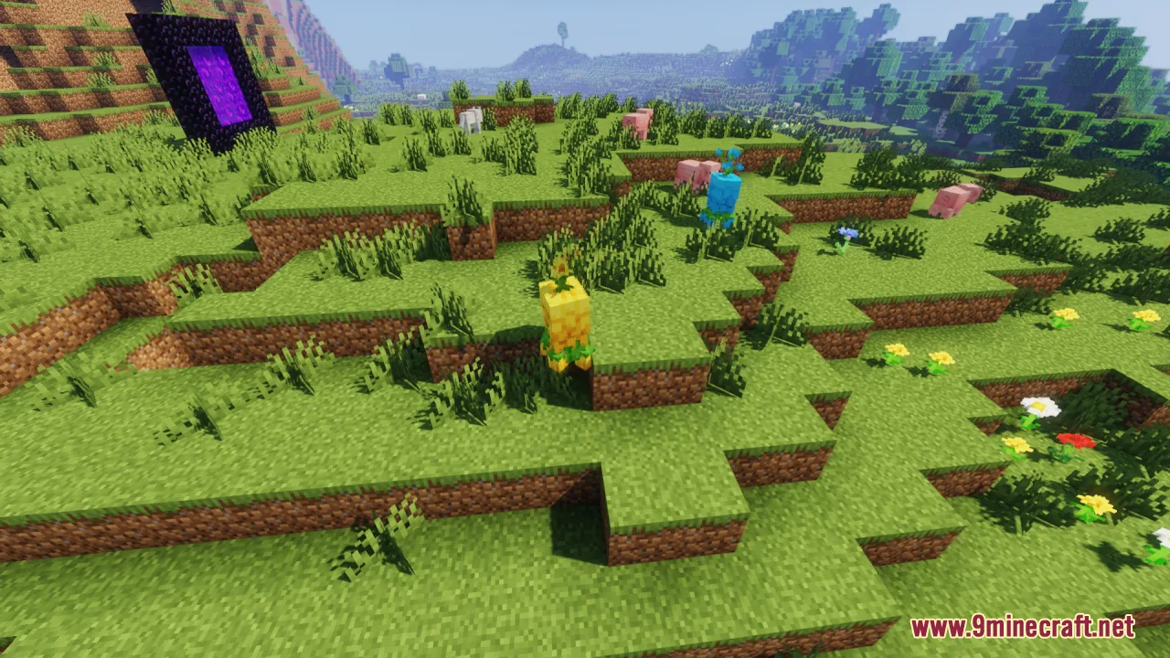A yellow floral creeper exploring a grassy landscape near a nether portal
