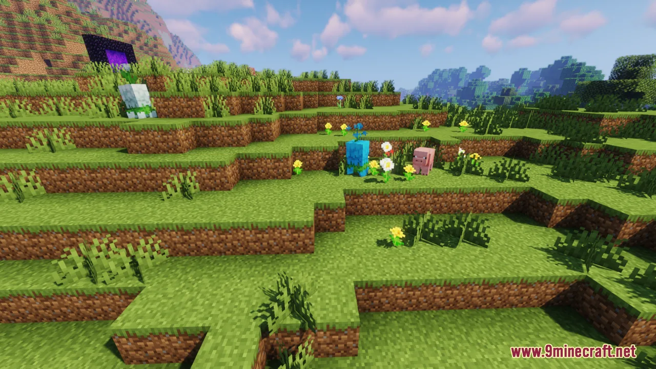 Blue and white flower creatures standing in a grassy field with a pig