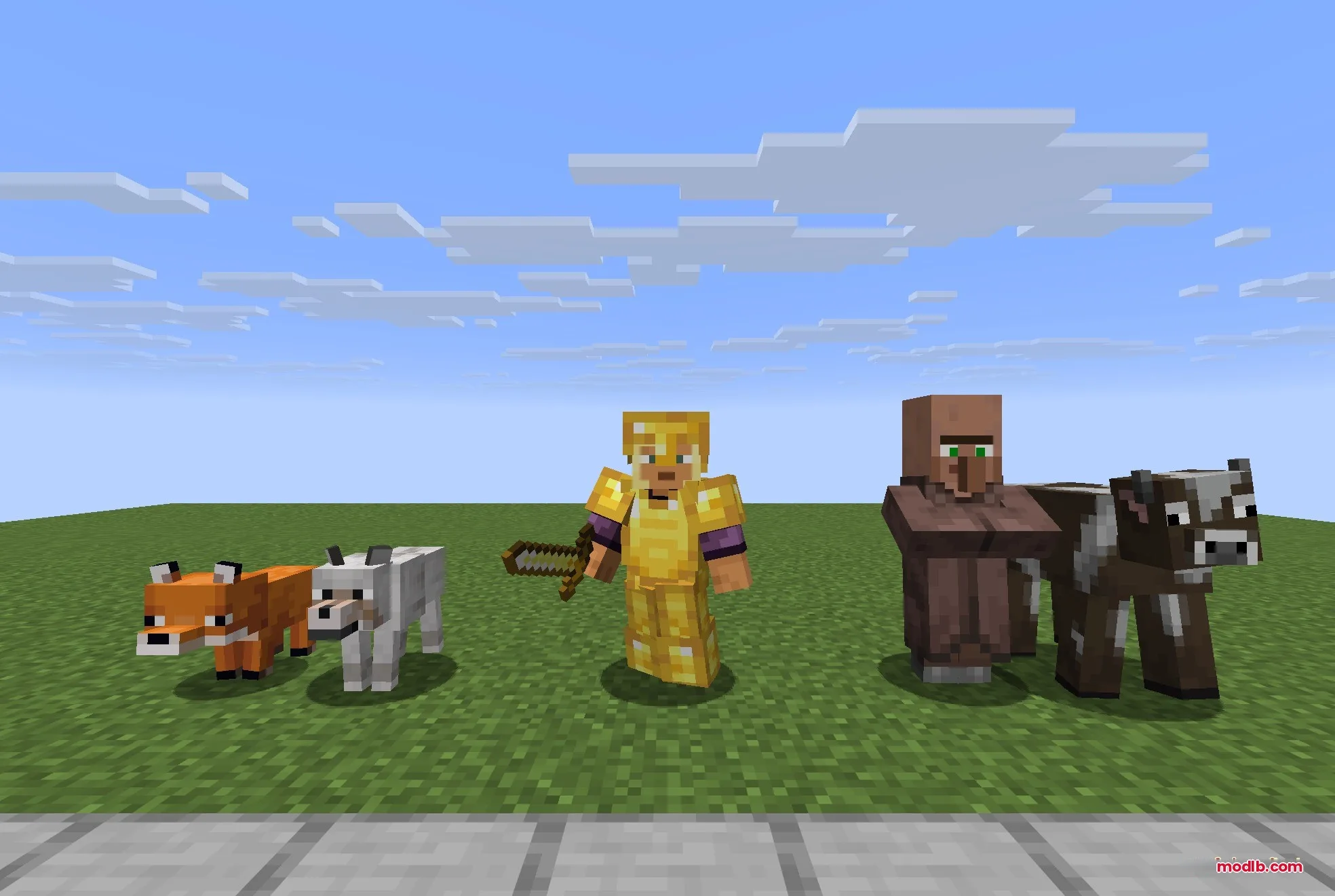 Fresh Animations Player Extension 9minecraft Resource Pack Screenshot 4 Animated player in gold armor standing next to a villager and cow
