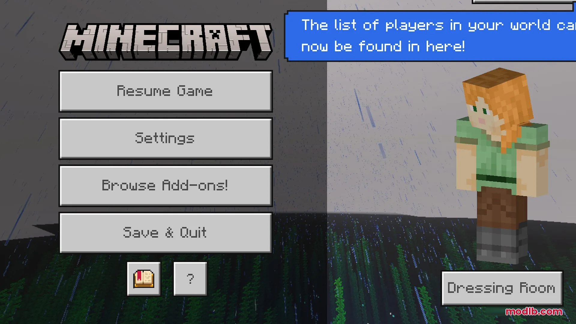 Minecraft pause menu screen displaying Alex standing in the rain at night