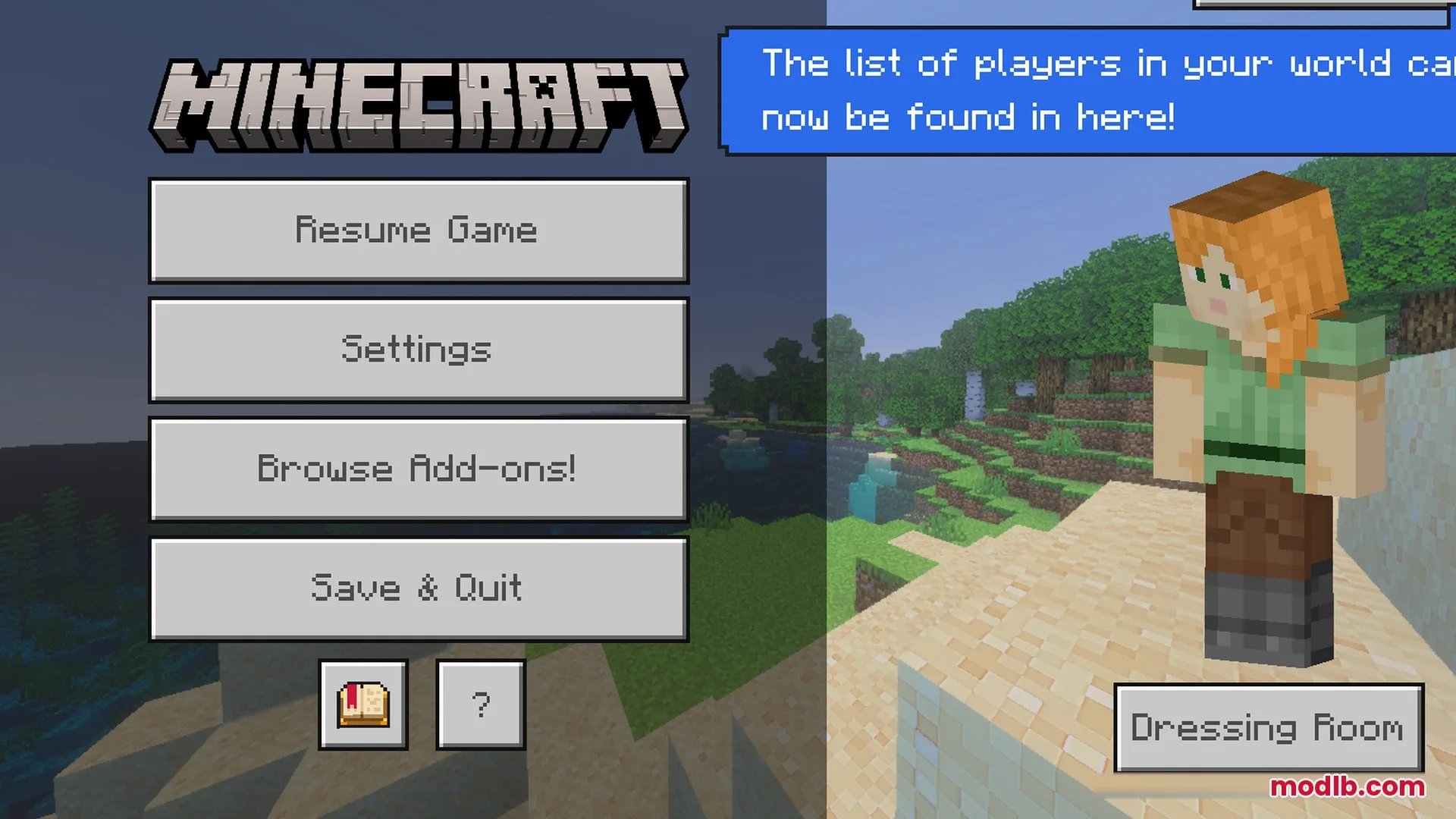 Minecraft pause menu screen displaying Alex standing on a hill in the sun