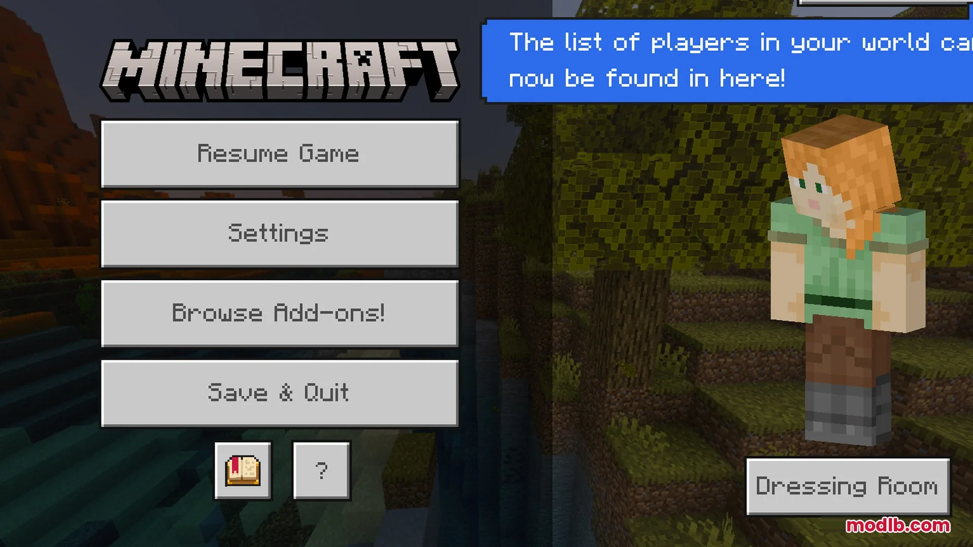 Minecraft pause menu interface with Alex character standing in a desert biome background
