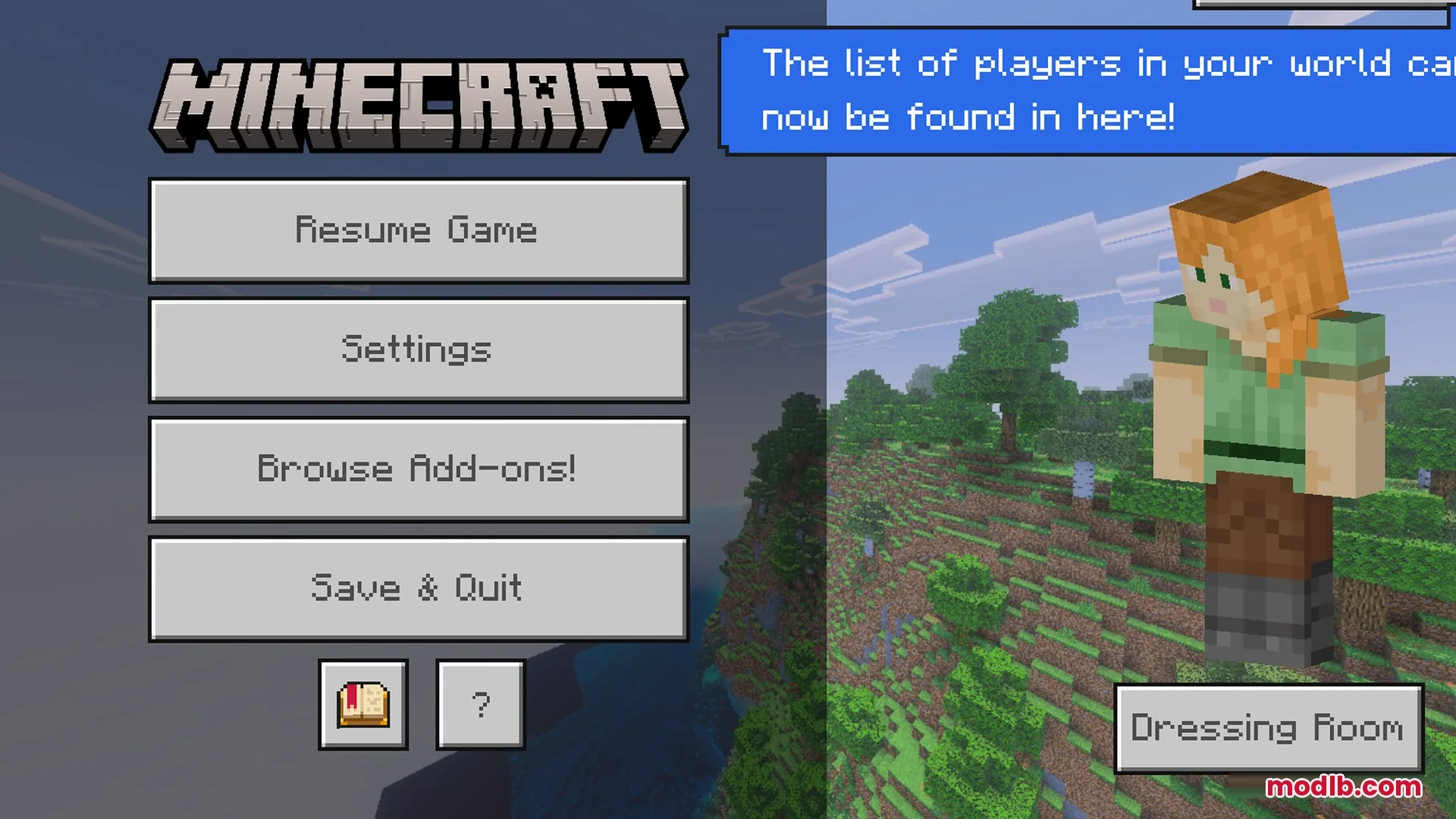 Minecraft pause menu screen showing Alex character and game settings in green landscape