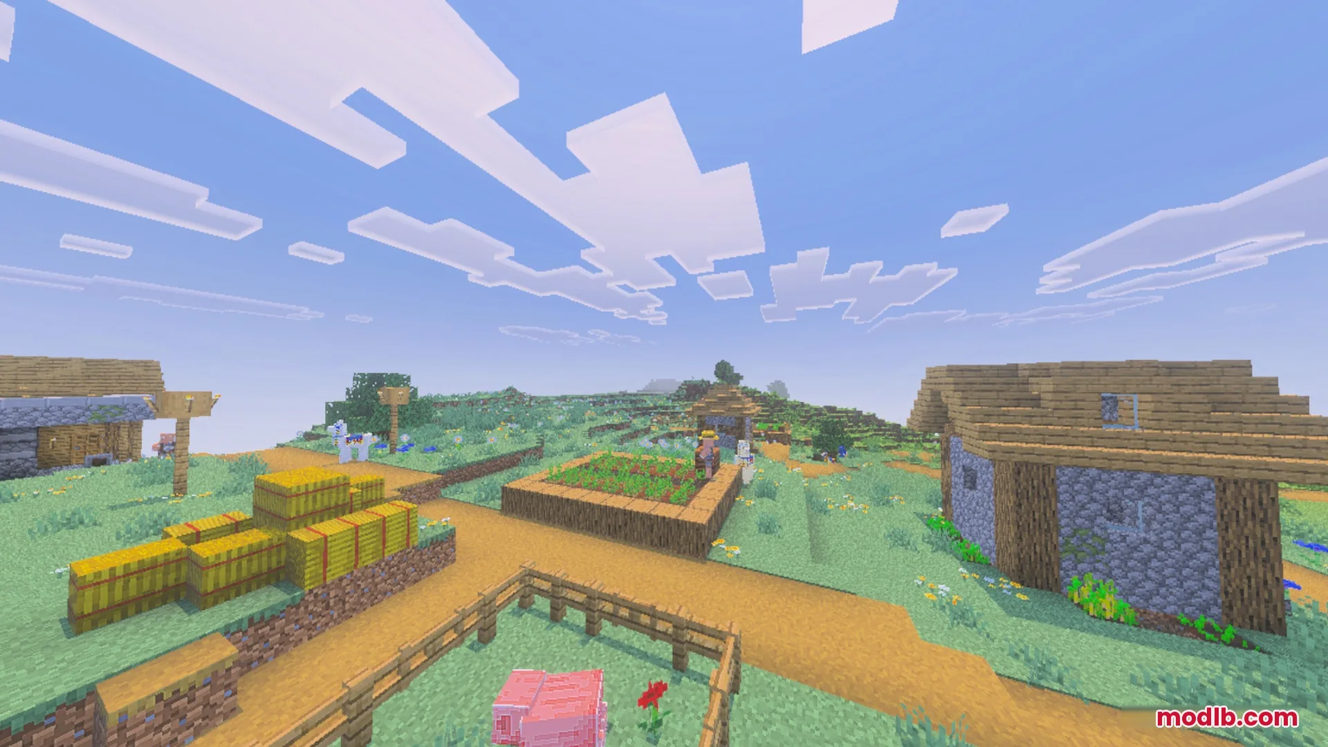 A peaceful Minecraft village with wooden houses and hay bales under clear skies