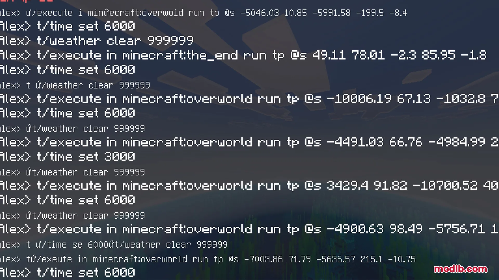 Minecraft chat console displaying a long list of teleportation and time commands