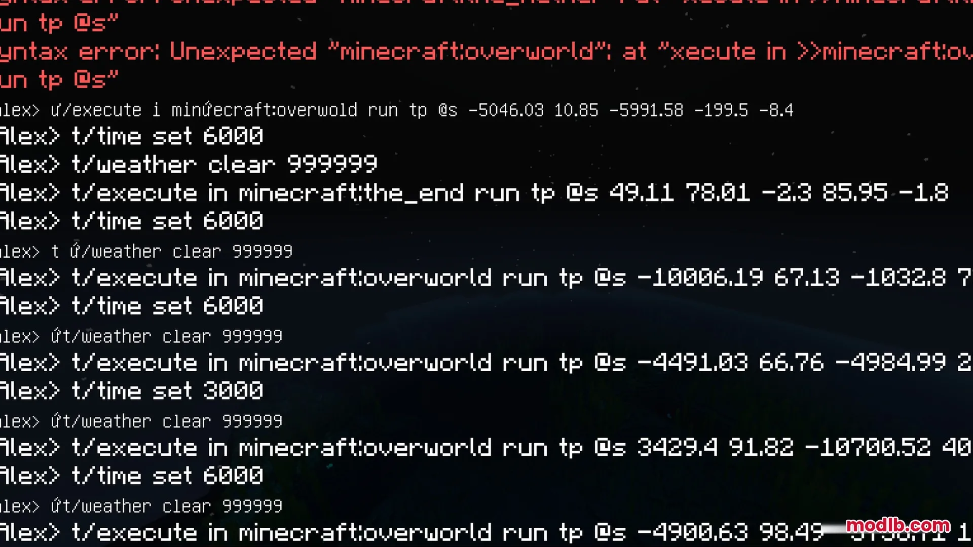Minecraft chat log showing teleportation commands and a red syntax error message