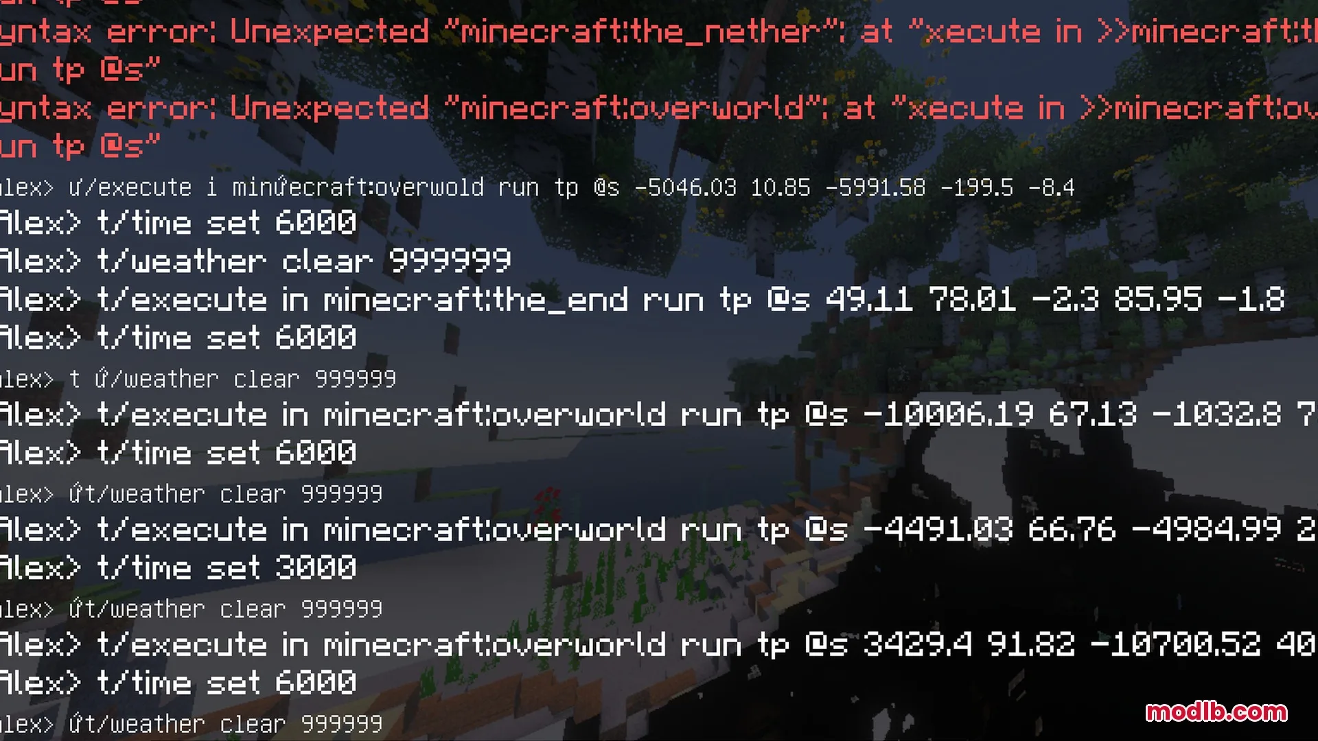 A player executes multiple console commands in the Minecraft chat window interface