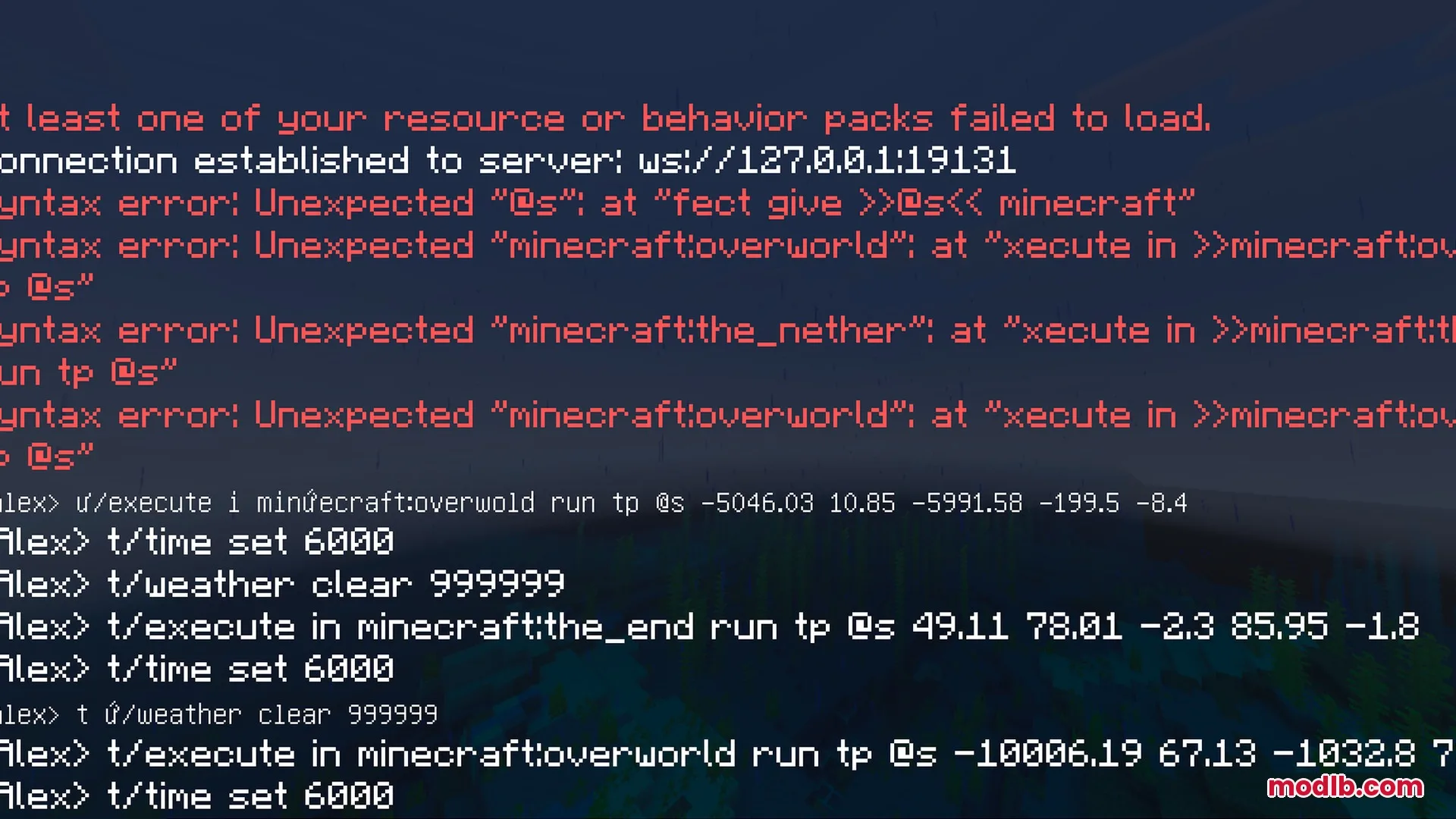 Minecraft chat console showing red syntax error messages and various game commands