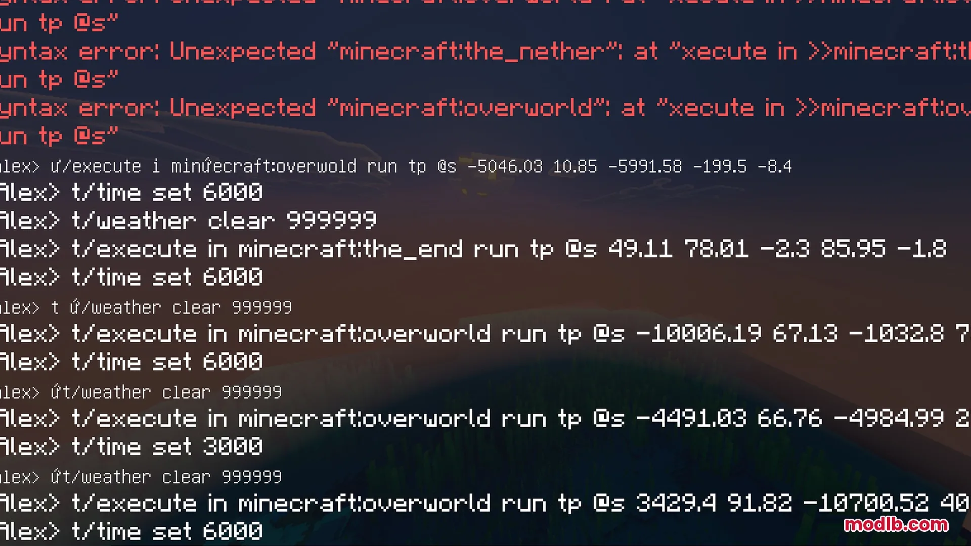 Minecraft chat log showing various teleportation and time set commands on screen