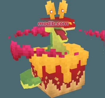 Giant green monster emerging from a red and yellow cake structure