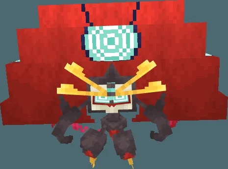 Giant blocky beetle creature with a massive red shell and glowing blue eyes