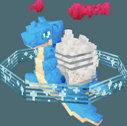 Giant blocky Lapras model surrounded by a glowing blue musical ring