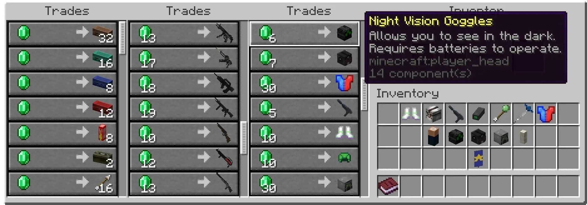 Guns Gadgetery & Mission Editor Data Pack Screenshot 7 Minecraft interface displaying trades for modern weapons and tactical spy equipment