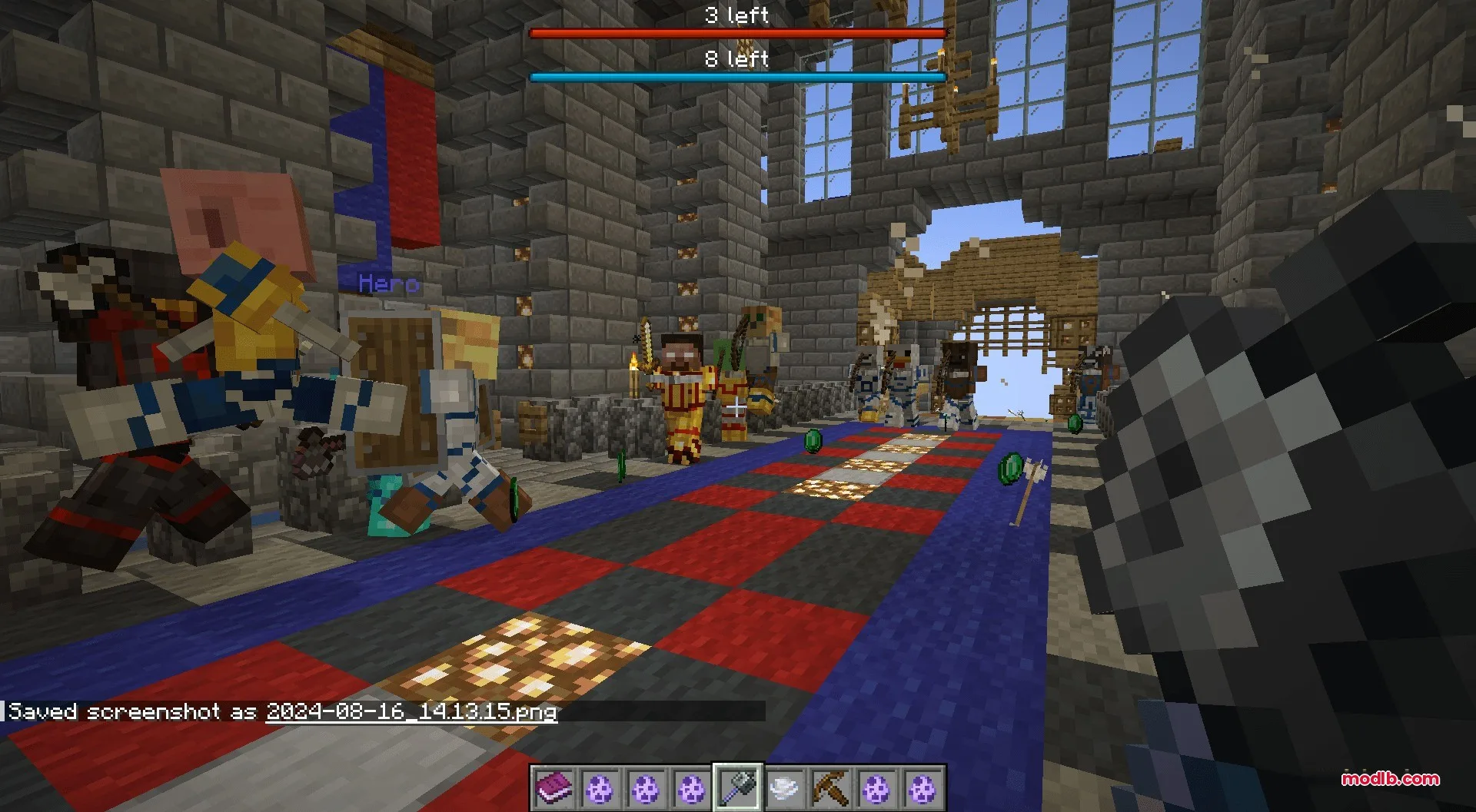 Guns Gadgetery & Mission Editor Data Pack Screenshot 10 Players and custom mobs battle inside a castle with a checkered carpet