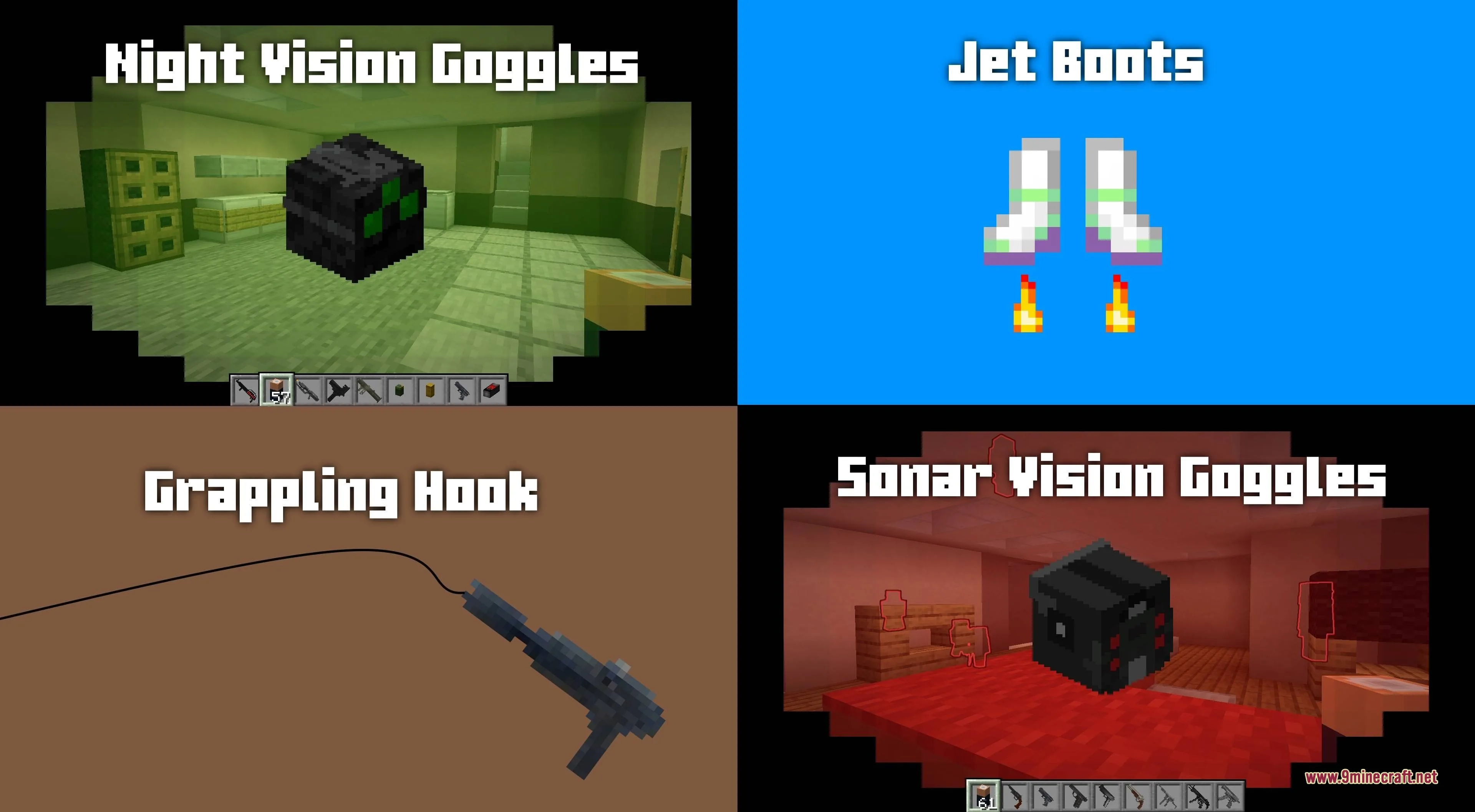 Guns Gadgetery & Mission Editor Data Pack Screenshot 2 Four panels showcasing spy gadgets like night vision goggles and jet boots