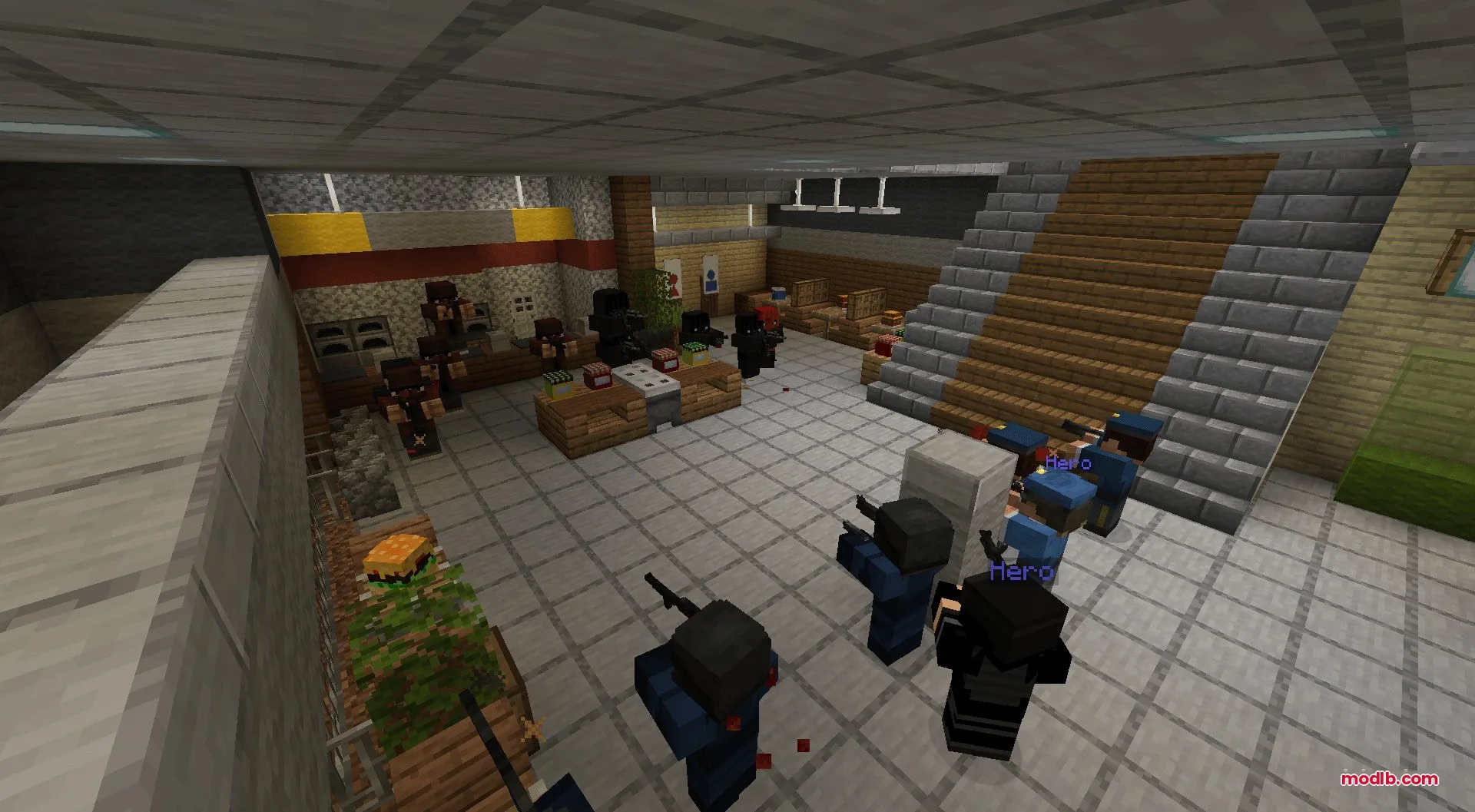 Guns Gadgetery & Mission Editor Data Pack Screenshot 9 Tactical mobs and police officers engage in a shootout inside a modern building