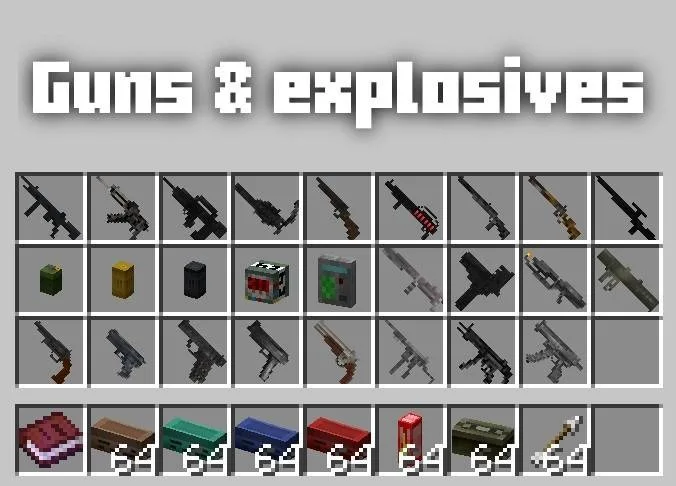 Guns Gadgetery & Mission Editor Data Pack Screenshot 1 Minecraft inventory screen displaying a wide variety of modern weapons and explosives
