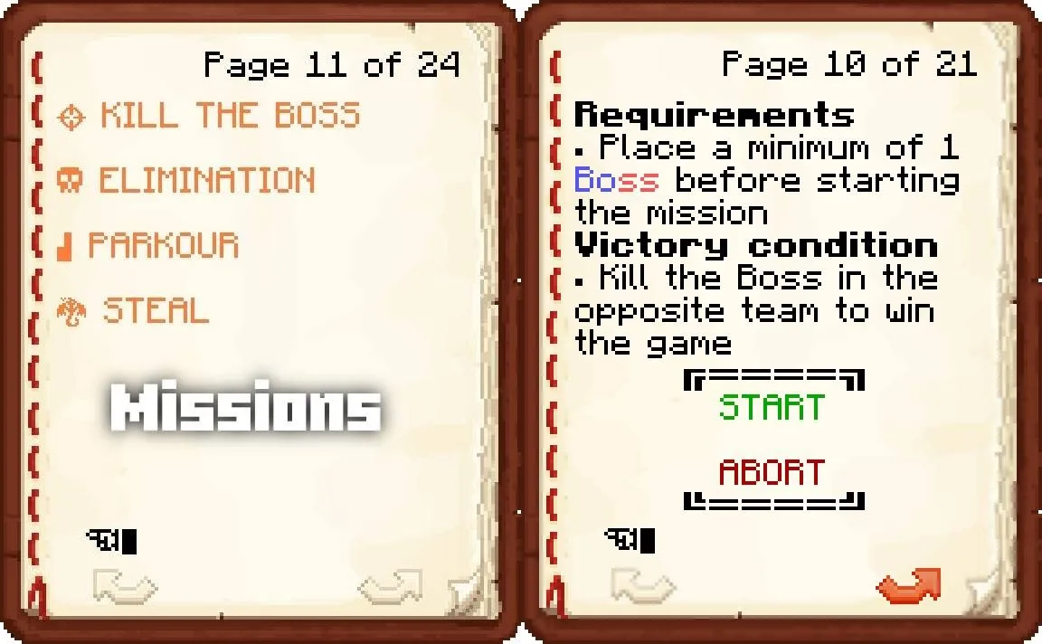 Guns Gadgetery & Mission Editor Data Pack Screenshot 6 Minecraft book menu for selecting missions and viewing specific game requirements
