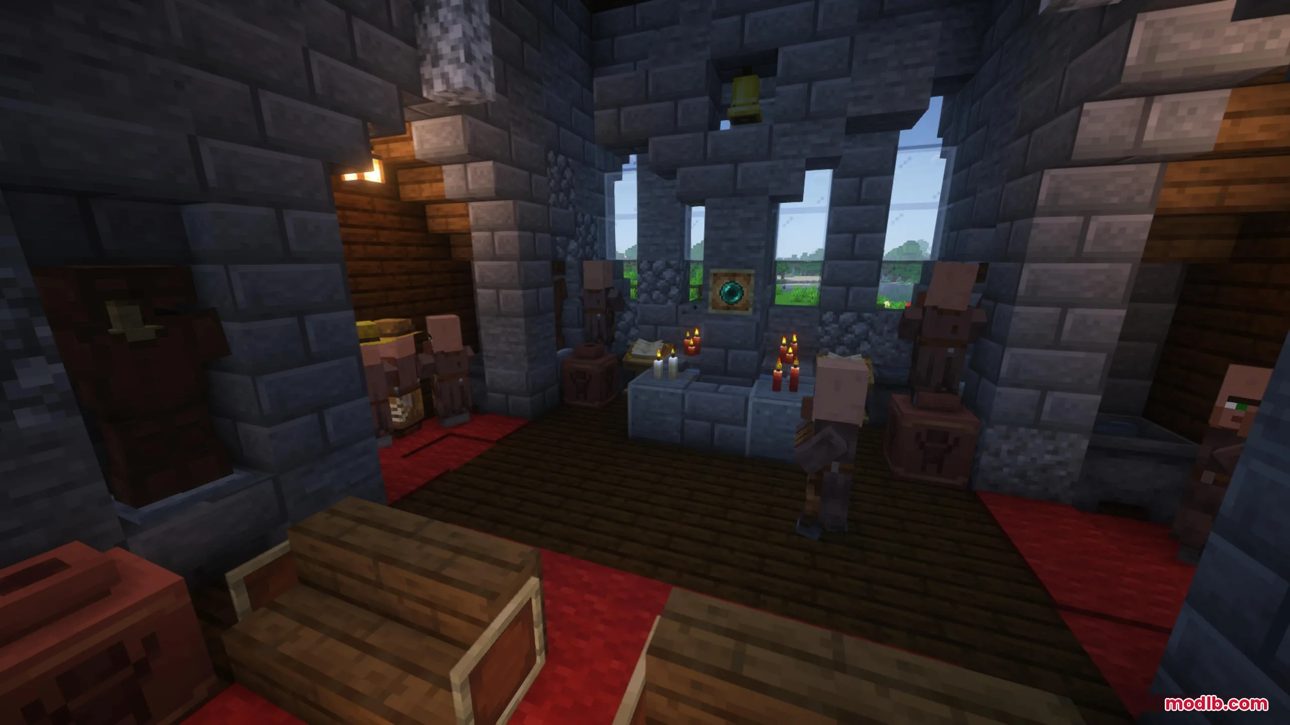 Hallowed Spires Crypt Mod Screenshot 5 Villagers standing inside a stone church with candles and a wooden floor
