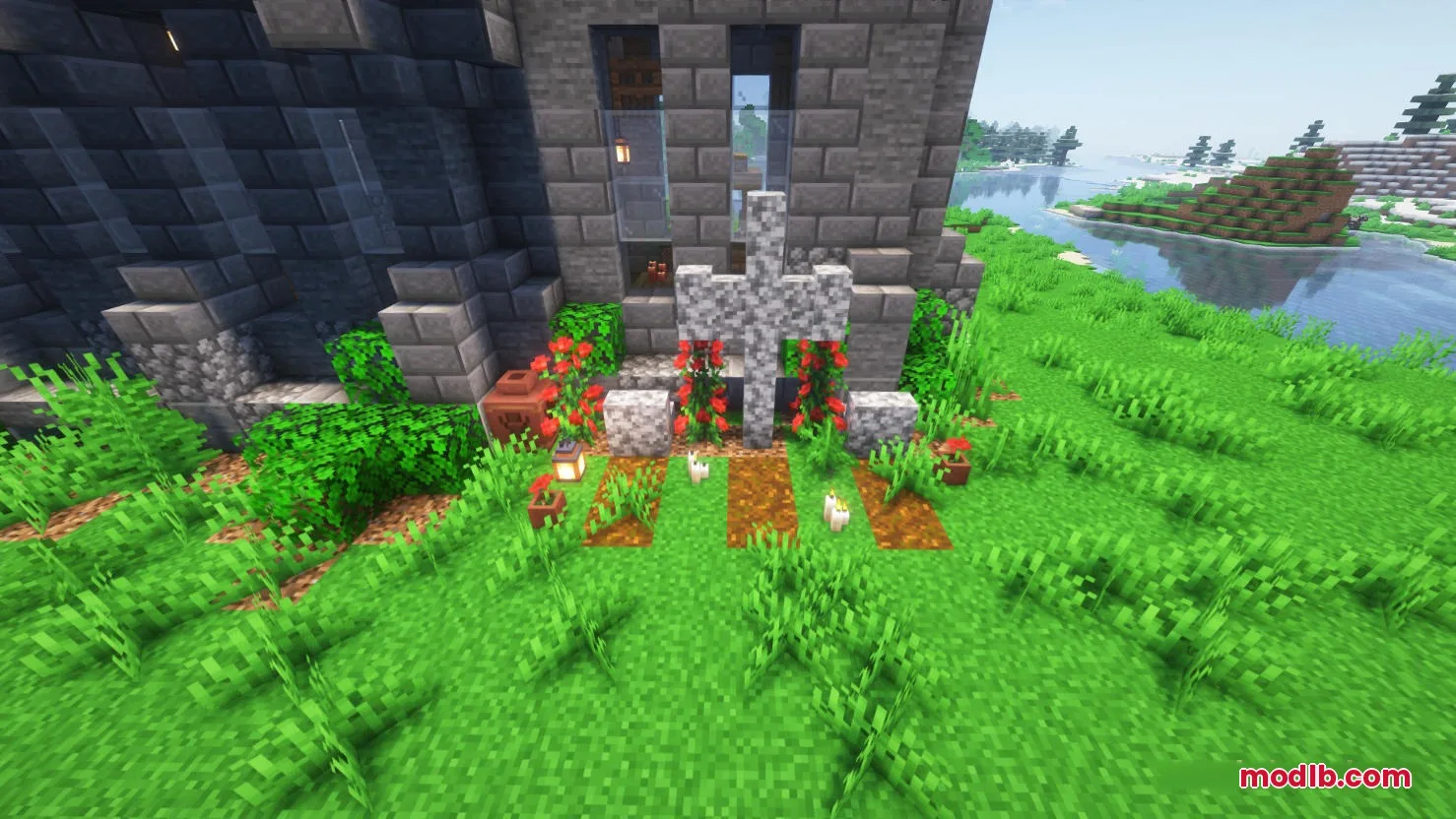 Hallowed Spires Crypt Mod Screenshot 3 A detailed stone cross and flower garden in a small church graveyard