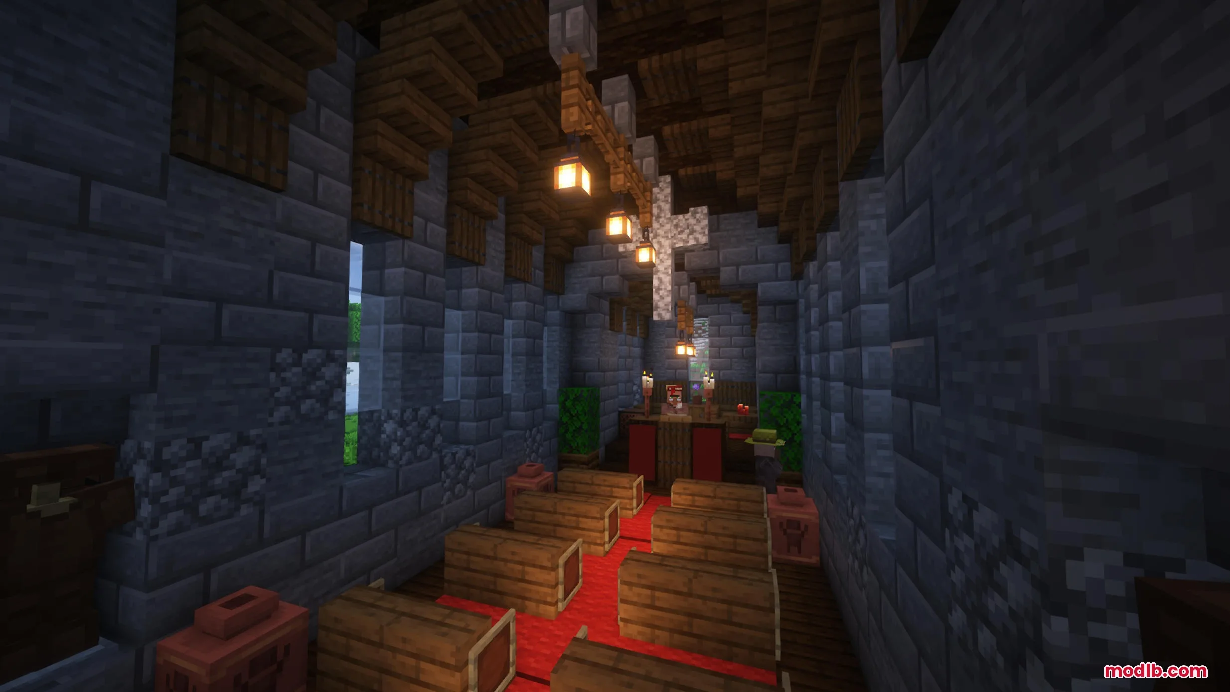 Hallowed Spires Crypt Mod Screenshot 2 The interior of a Gothic church with wooden pews and red carpet